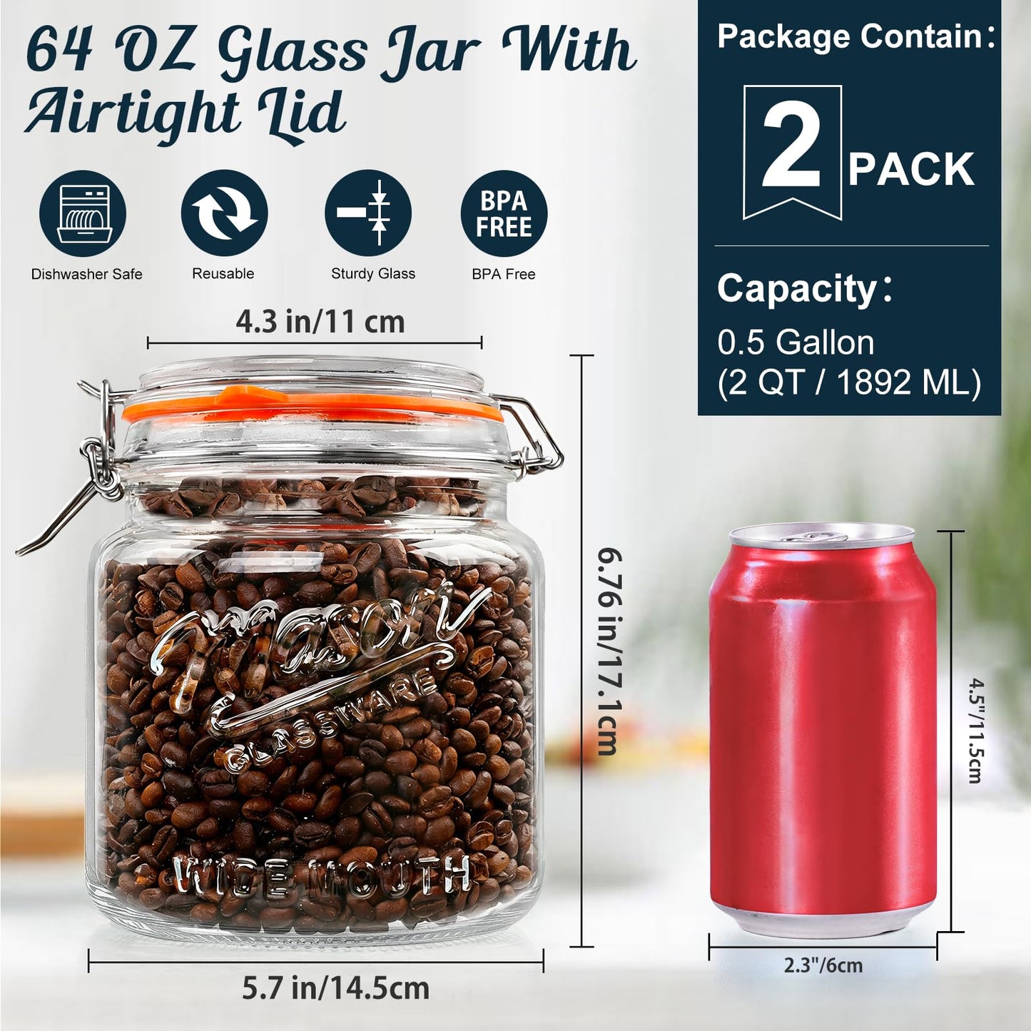 [NEW] 2 Pack Half Gallon Mason Jar with Hinged Lid, Wide Mouth Glass Flour Container for Food Storage, Cookie, Coffee, Pickle - 64 Oz Glass Jar with Glass Lid - Vintage Mason Jars w 2 Scale Marks