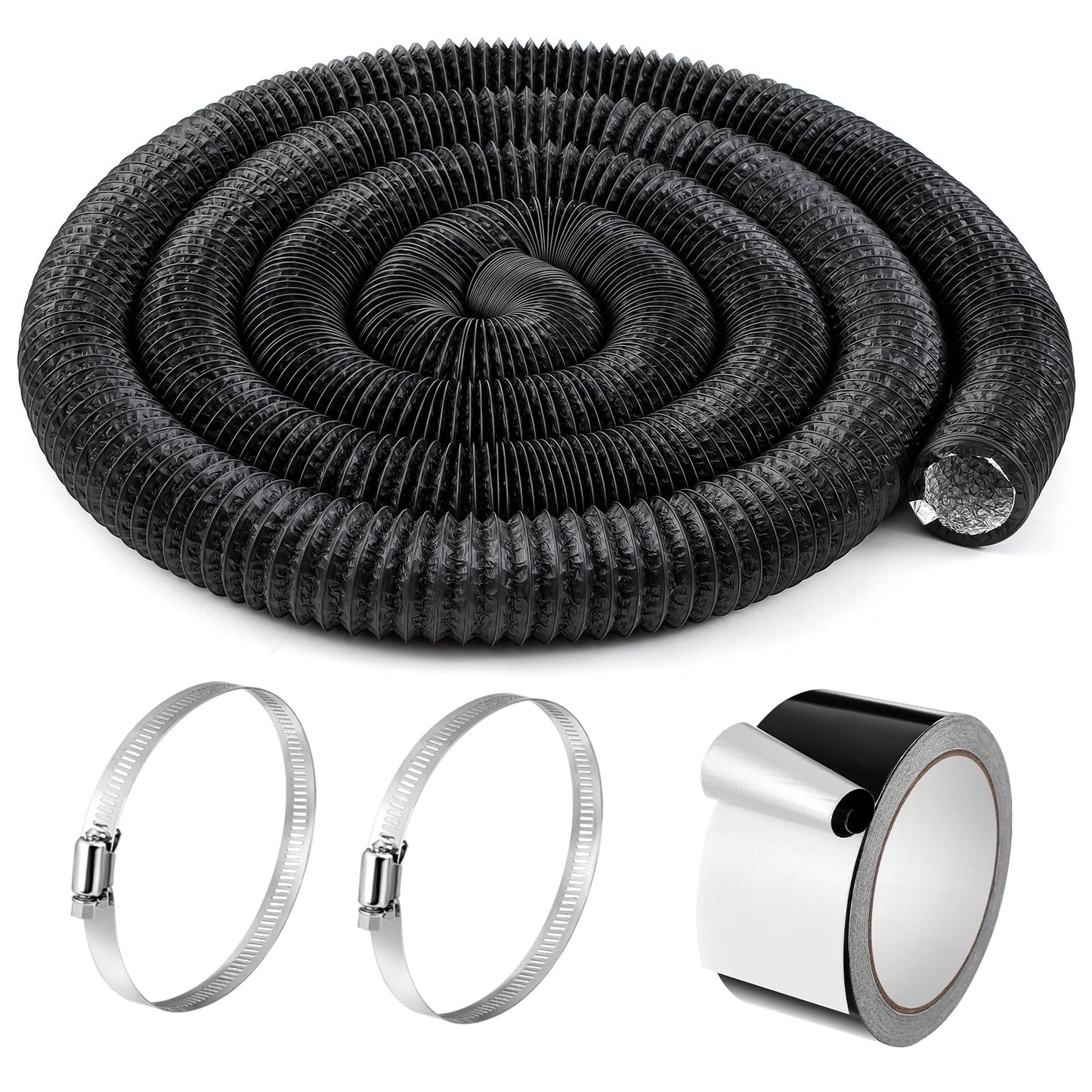 Zonon Dryer Vent Hose 4 Inch X 50 Feet Flexible Aluminum Foil Ducting Non Insulated with Stainless Steel Clamps and Aluminum Tape for Pipe, HVAC Heating Cooling Ventilation and Exhaust (Black)