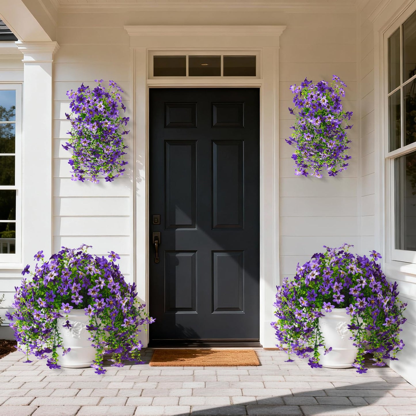 Artificial Faux Hanging Flowers Plants Baskets for Outdoors Fake 3 Bundles Silk in Planter UV Resistant for Porch Patio Balcony Garden Yard Home Decor (3Pcs Purple,1Pcs Hanging Basket)