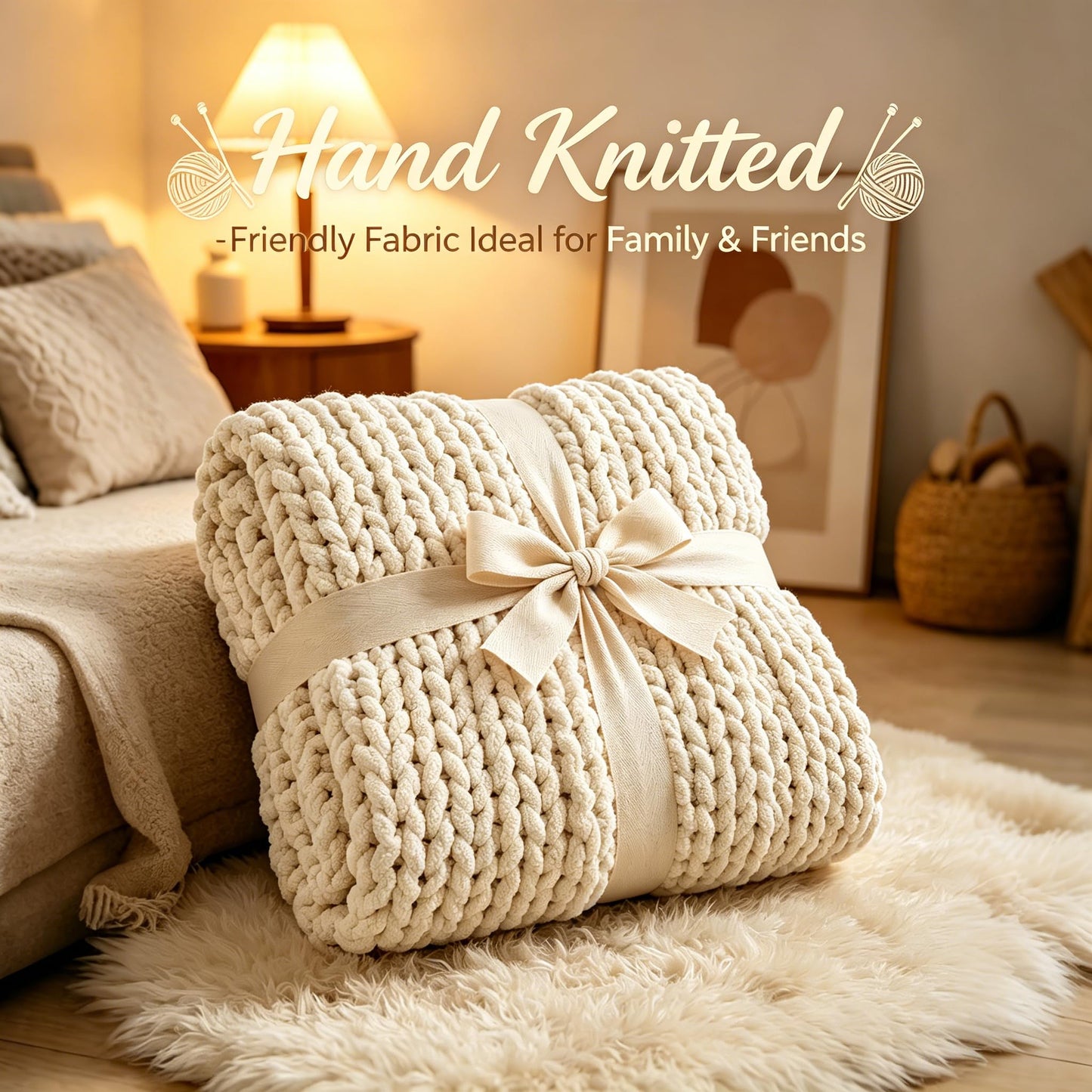 Admitrack Chunky Knit Blanket Throw 51"x63", 100% Hand Knit Chenille Throw Blanket for Sofa & Home Decor, Soft and Cozy Knitted Throw Blankets (Ivory，51"x63")