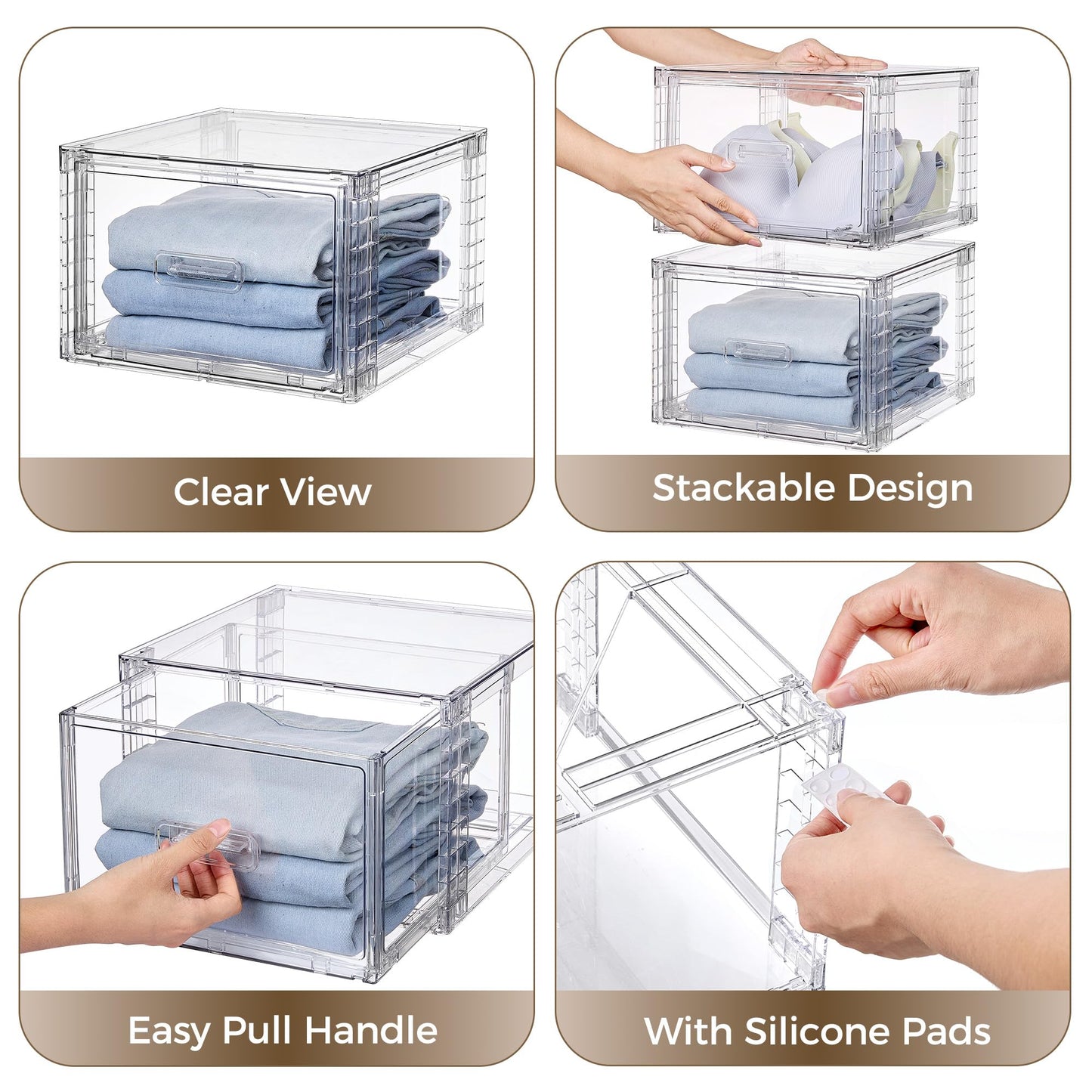 Vtopmart 4 Pack 18QT Clear Stackable Storage Drawers,Easily Assemble Closet Organizers,Plastic Storage Bins for Bathroom,Cabinet,Kitchen Pantry,Under Sink Organization(Medium)
