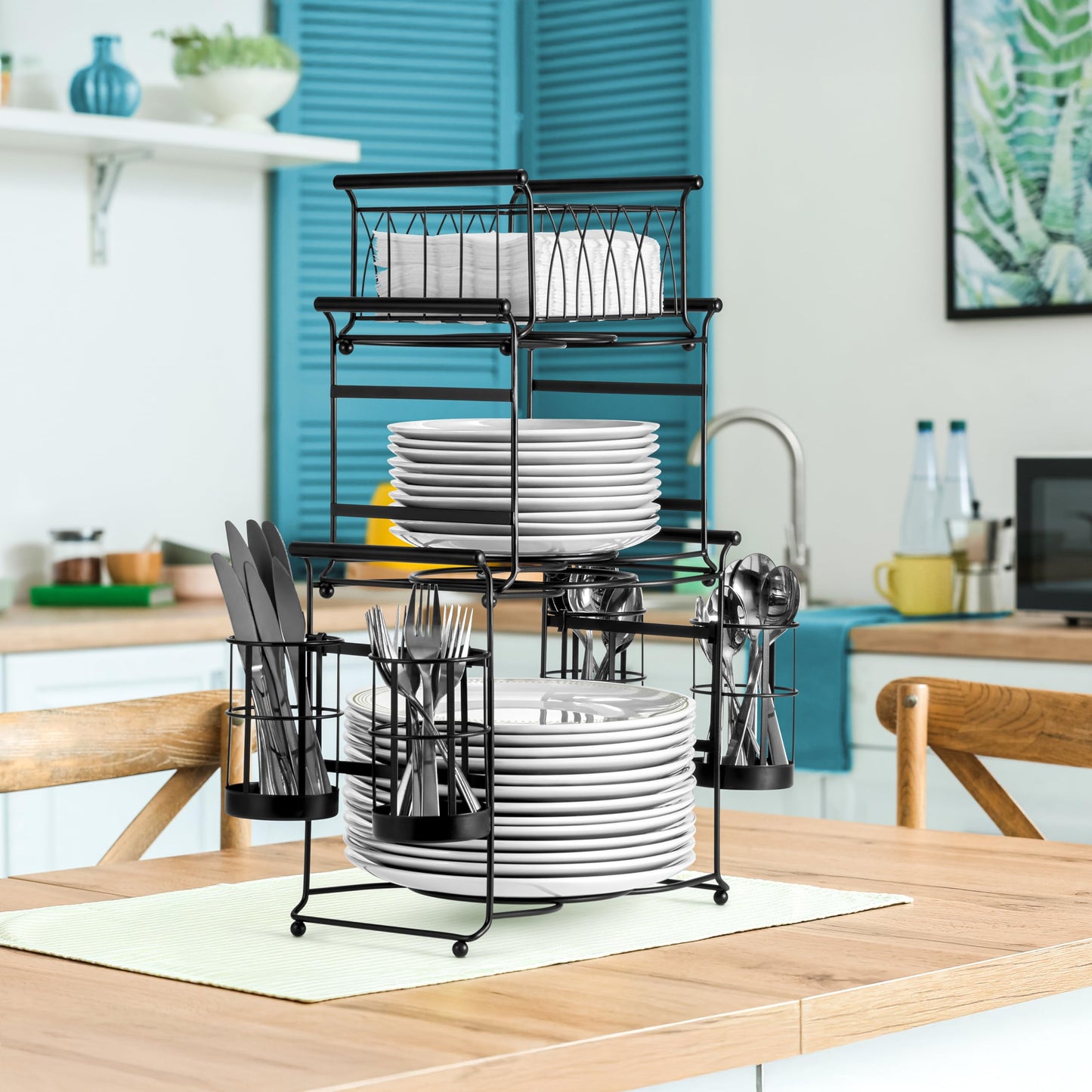 Sorbus® Buffet Caddy — 7-Piece Stackable Set Includes Plate, Napkin, and Silverware Holder, 3-Tier Detachable Tabletop Organizer — Ideal for Kitchen, Dining, Entertaining, Parties,Thanksgiving (Black)