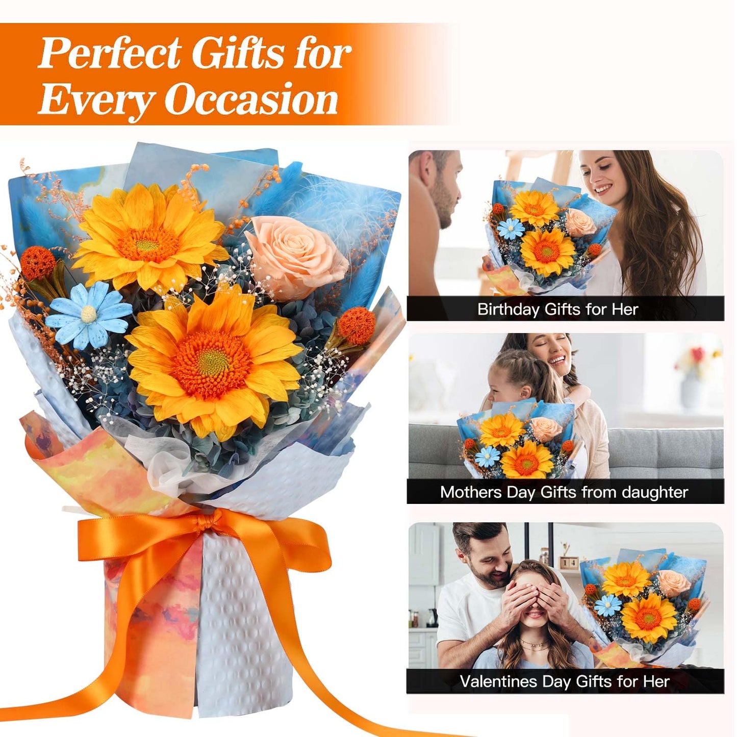 Jtoder Forever Flowers for Delivery, Preserved Sunflower Bouquets, Long Lasting Roses, Eternal Flower Bouquet with Gifts Box for Mother Wife Girlfriend on Festivals Birthday Anniversary (Blue)