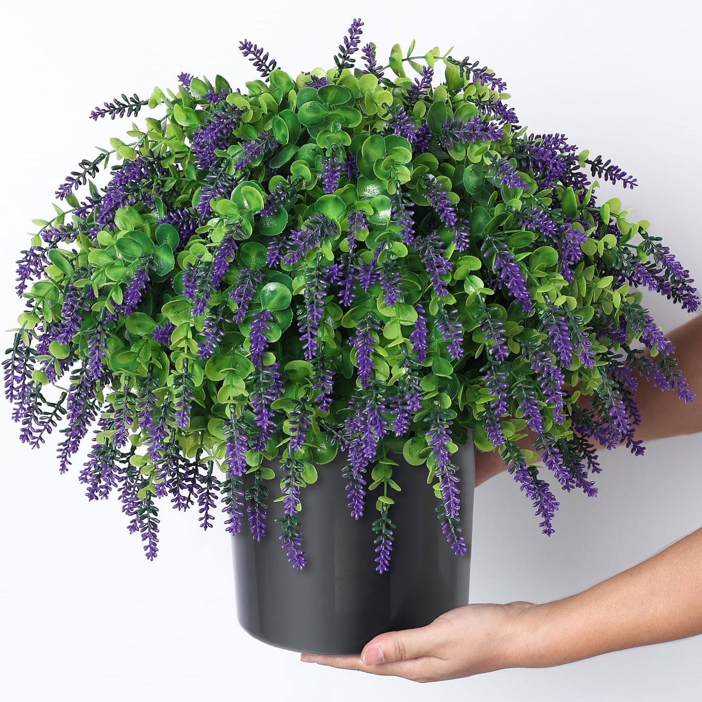 Artificial Eucalyptus & Lavender Topiary Ball Tree for Front Door - Set of 2 Topiary Trees with Pots, UV Resistant Faux Bushes Potted Plants for Porch Garden Farmhouse Outdoor Decoration