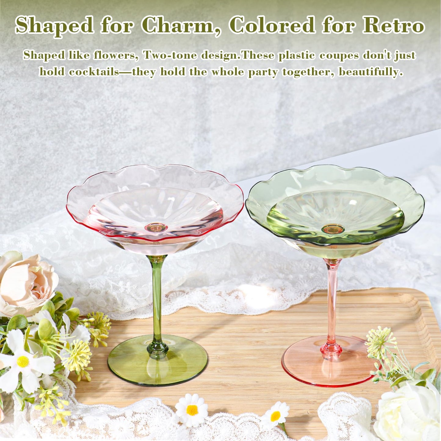HKSZEH 24 Pcs Plastic Martini Glasses 7oz Flower Disposable Cocktail Coupe Glasses Pink and Green Martini Cup Vintage Detachable Dessert Parfait Glassware for Wedding Birthday Bachelorette Party