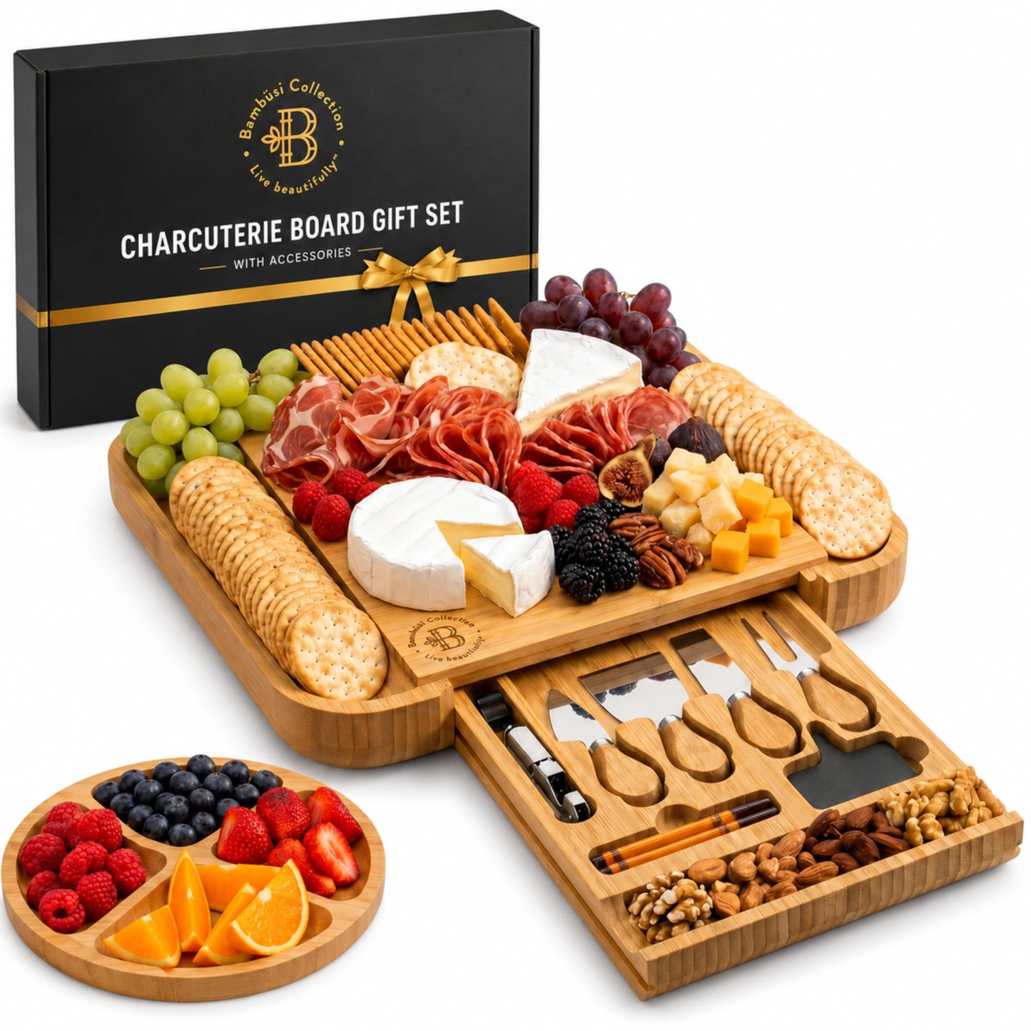 Bambüsi Charcuterie Boards - Large Bamboo Cheese Board Set with Knives for Serving Meat + Cheese Platter - House Warming Gifts for New Home, Wedding, Bridal Shower, Birthday Gifts for Women, Hostess
