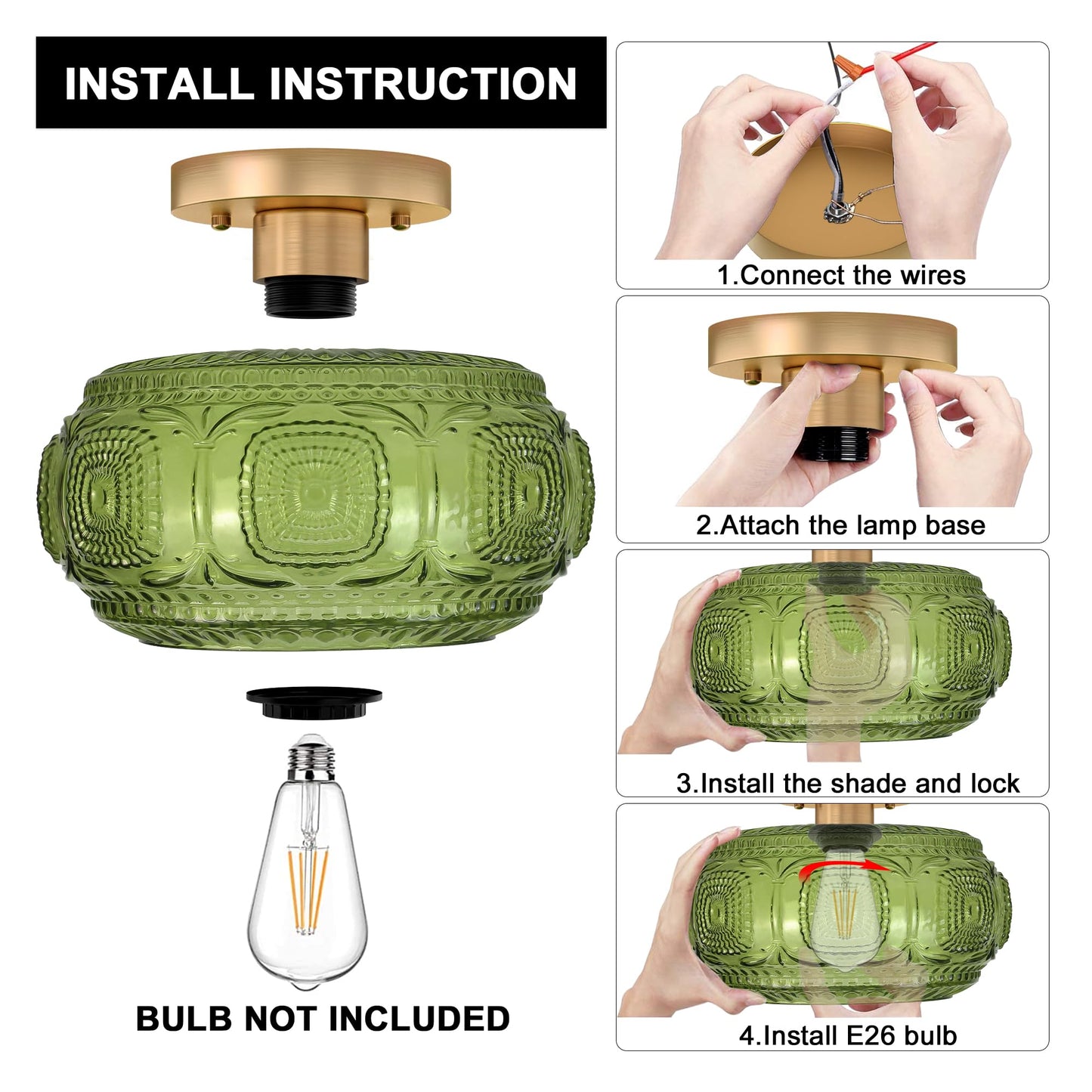 OYKYOHEI Semi Flush Mount Ceiling Light, Green Globe Glass Ceiling Light Fixture, Art Deco Kitchen Lighting fixtures Ceiling for Hallway Porch Corridor Bedroom, Bulb Not Included