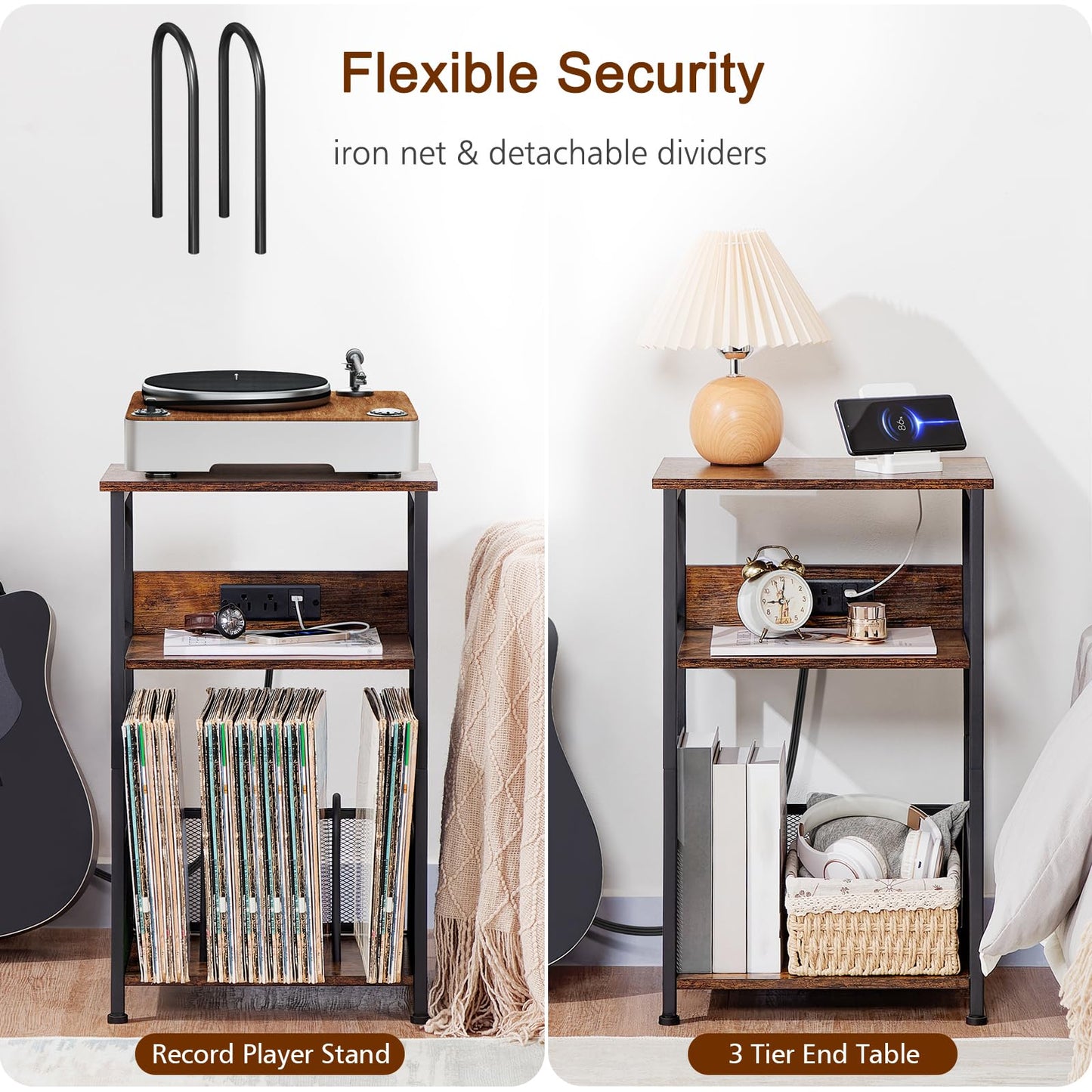 AMHANCIBLE Record Player Stand with Charging Station, Turntable Stand with Storage Cabinet, 3 Tier End Table Hold Up to 100 Albums, Record Table for Vinyl, Living Room, Rustic Brown, HETCD01BR-1