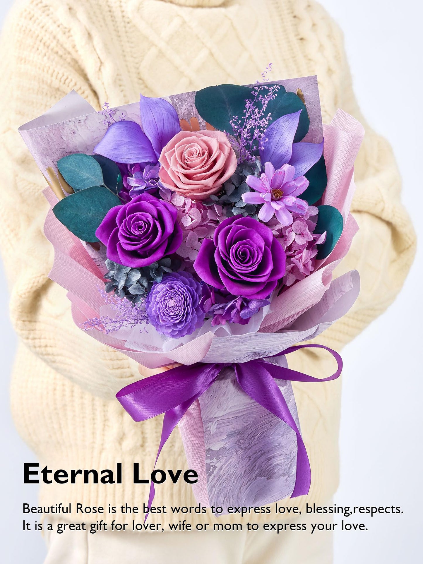Eterfield Flowers for Delivery Prime, Mother's Day Forever Flowers Bouquet, Preserved Roses and Purple Flowers Birthday Gifts for Her Women Wife Mom Grandma Anniversary Valentines Day Christmas