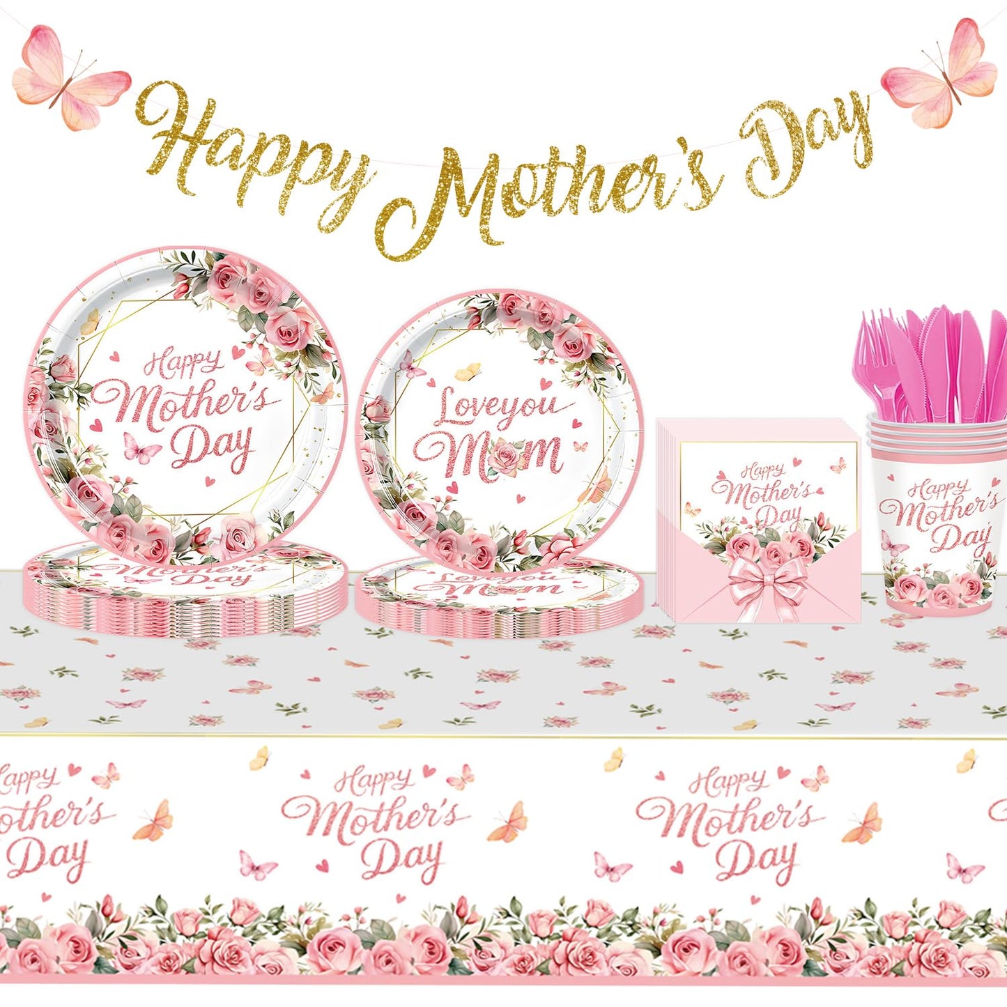 Happy Mothers Day Decorations Plates Set for Party - Serves 24, Includes Happy Mothers Day Banner, 2 Mothers Day Tablecloths, Pink Floral Plates, Napkins, Cups Table Decor Sign for Mom