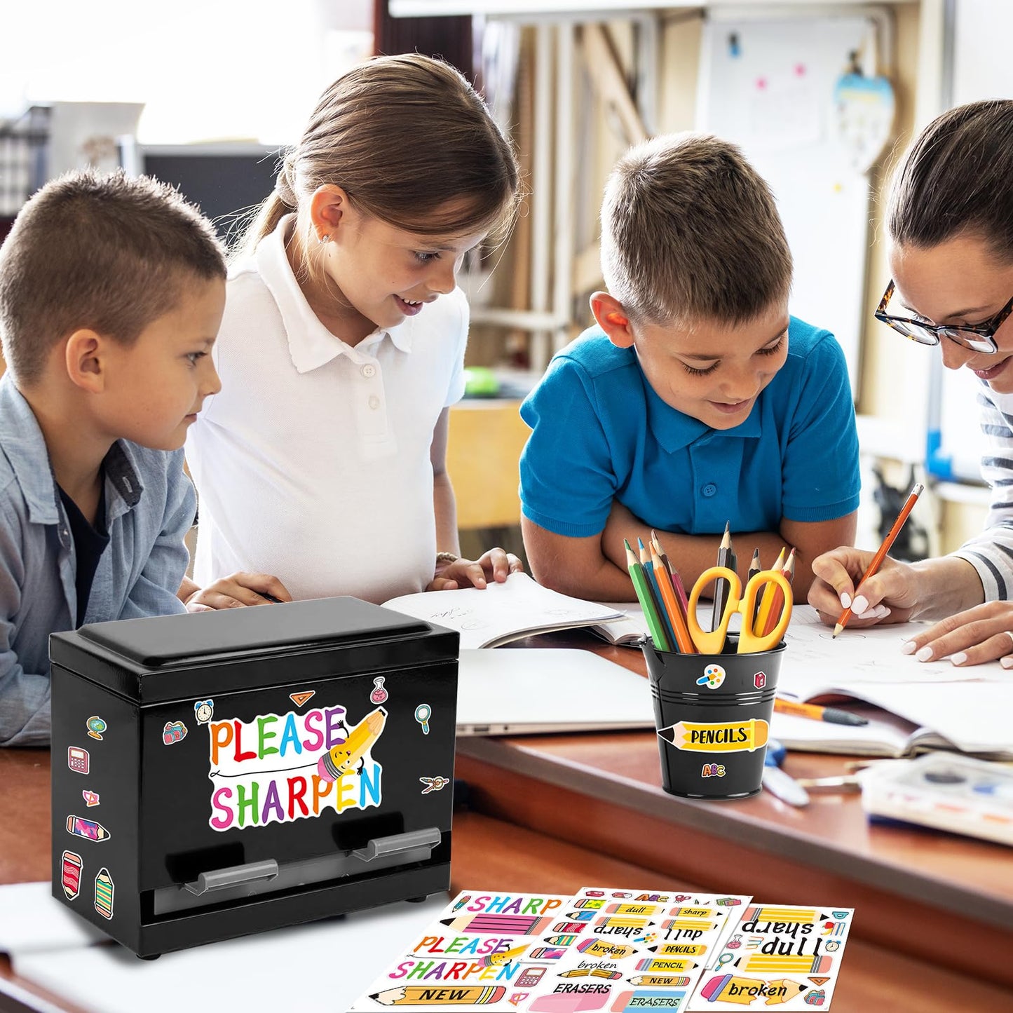 Tkifoda Pencil Dispenser for Classroom Stainless Steel Pencil Holder for Desk, Pencil Dispenser Set with Silicone Organizer & 4 Stickers, Classroom Must Haves Teacher Homeschool Office Supplies