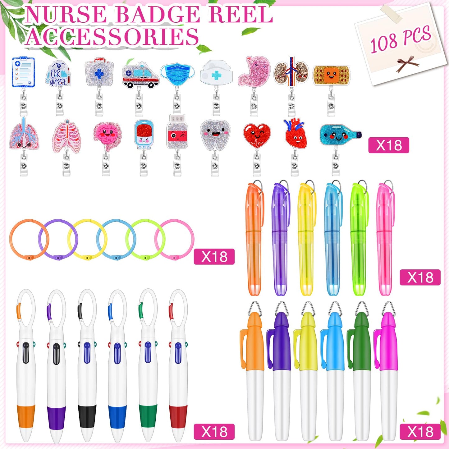 Lincia 90 Pcs Nurse Badge Accessories, Nurse Pen Set Include Retractable Badge Reel Clips, Ballpoint Pens, Markers, Highlighters, Keychains, Medical Staff Appreciation Gifts, 18 Sets(Classic)