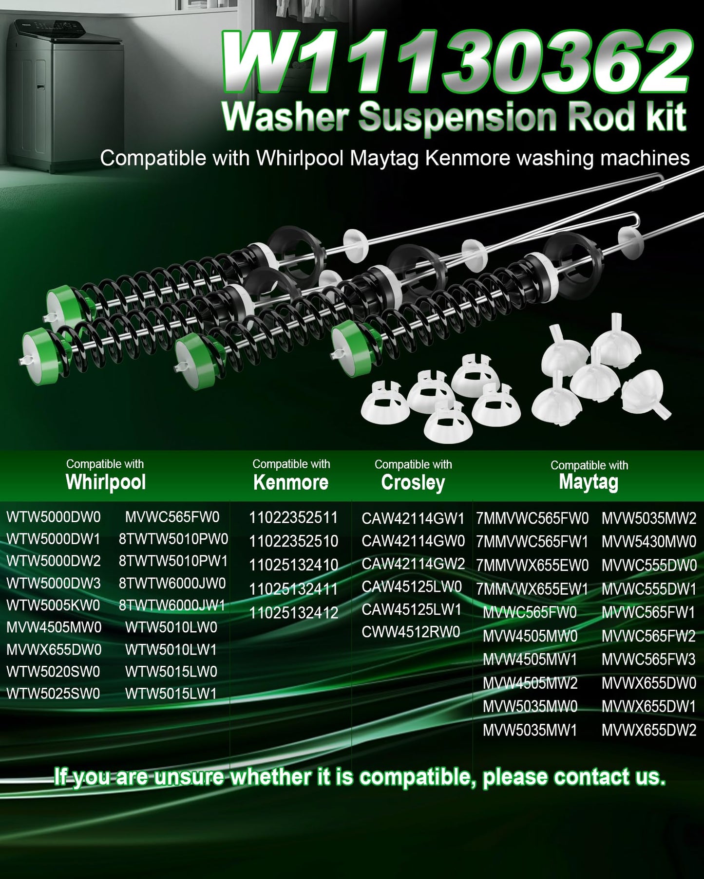 W11130362 WTW5000DW1 WTW5000DW2 WTW5000DW3 MVWX655DW1 MVWC565FW2 MVWC565FW1 Washer Suspension Rod Kit for Whirlpool Maytag Kenmore Washing Machine - Replace W10594080 W10748956 W10735786