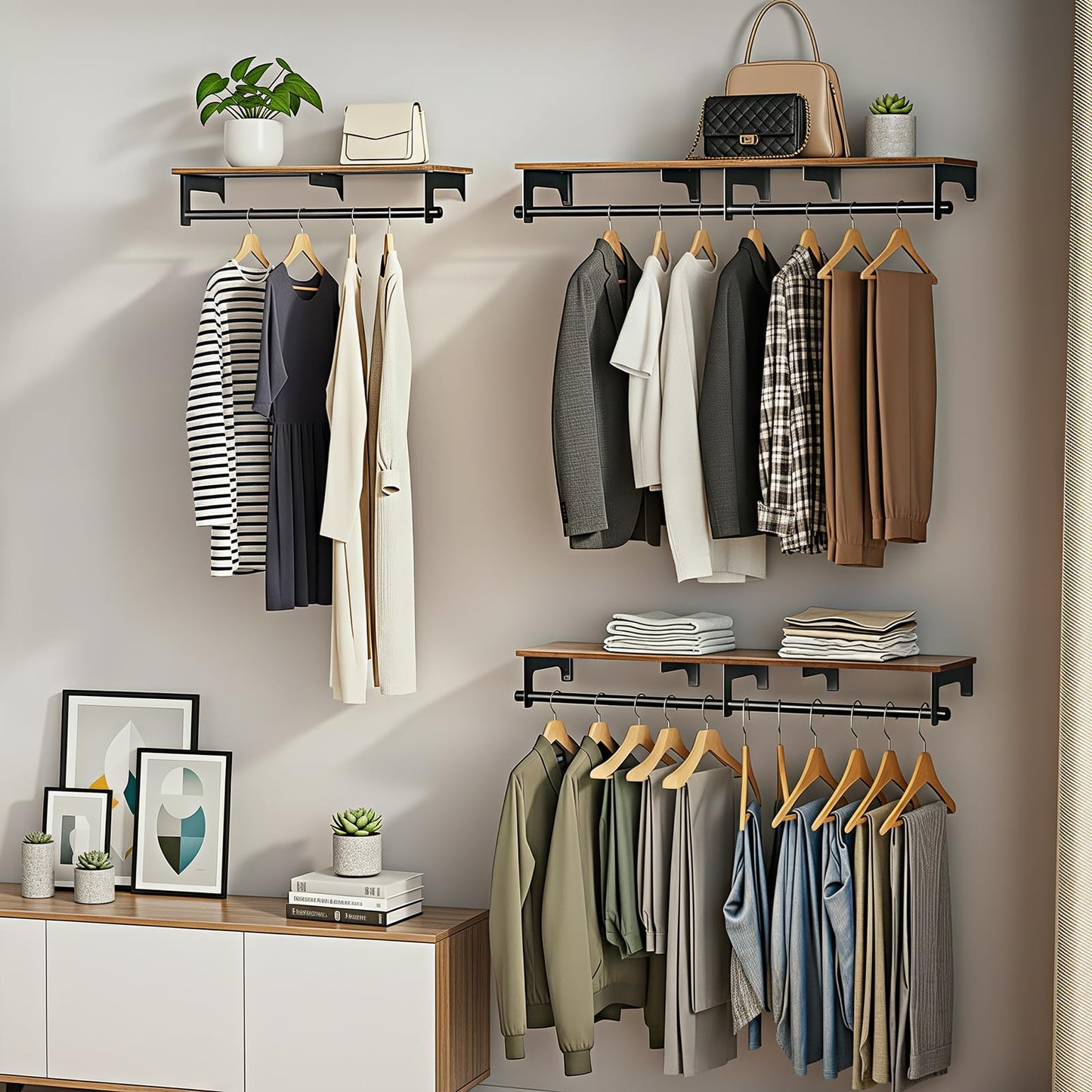 Luxspire Wall Mounted Clothes Rack, 43.3inch Clothing Racks with Top Shelf for Hanging Clothes, Heavy Duty Industrial Pipe Garment Rack, Laundry Room Shelves Closet Storage, Large