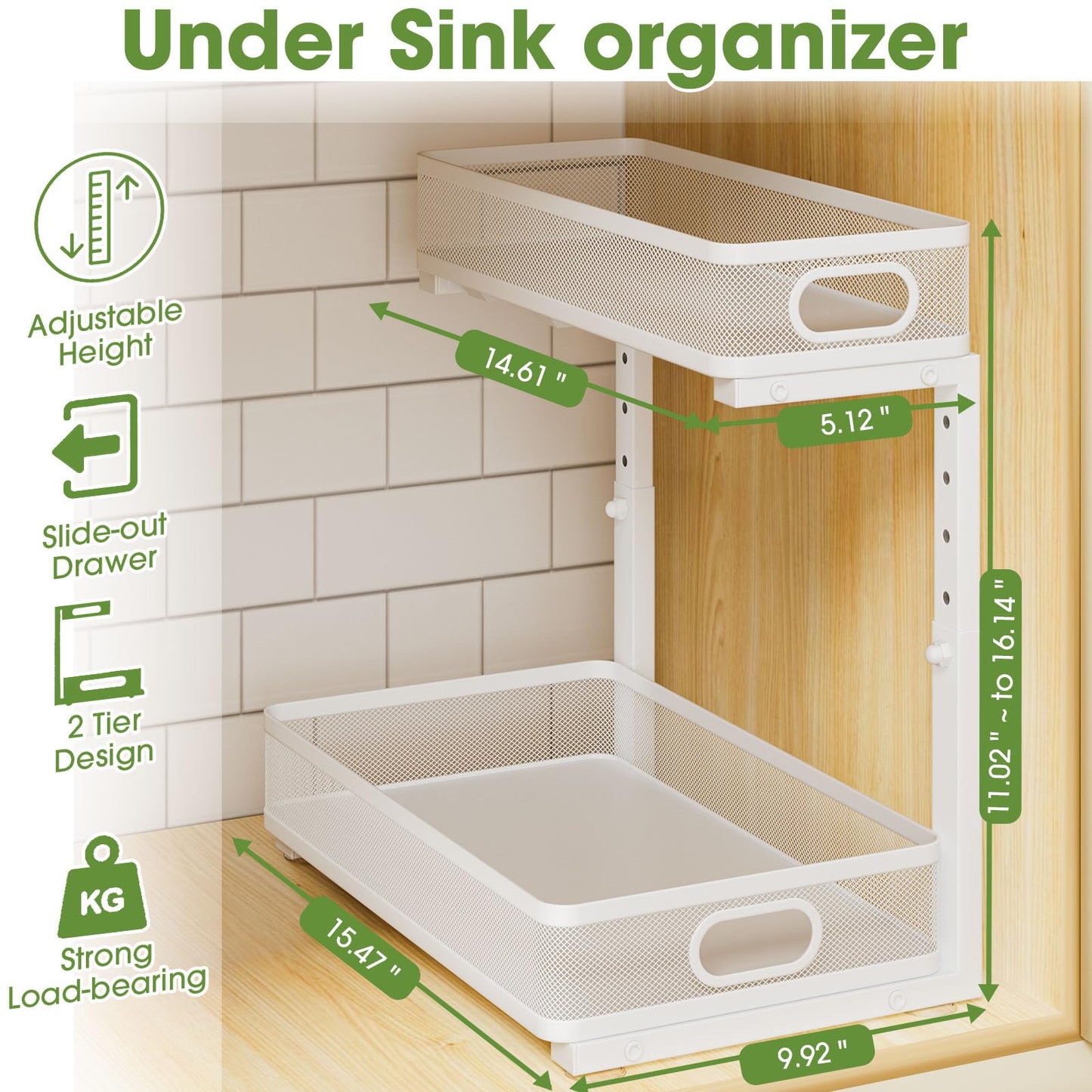 Under Sink Organizer 2-Pack, Metal 2-Tier Pull-Out Cabinet Shelf with Slide-Out Mesh Drawers, Height Adjustable, Space-Saving Under Sink Storage Racks for Kitchen, Bathroom, Laundry Room, White
