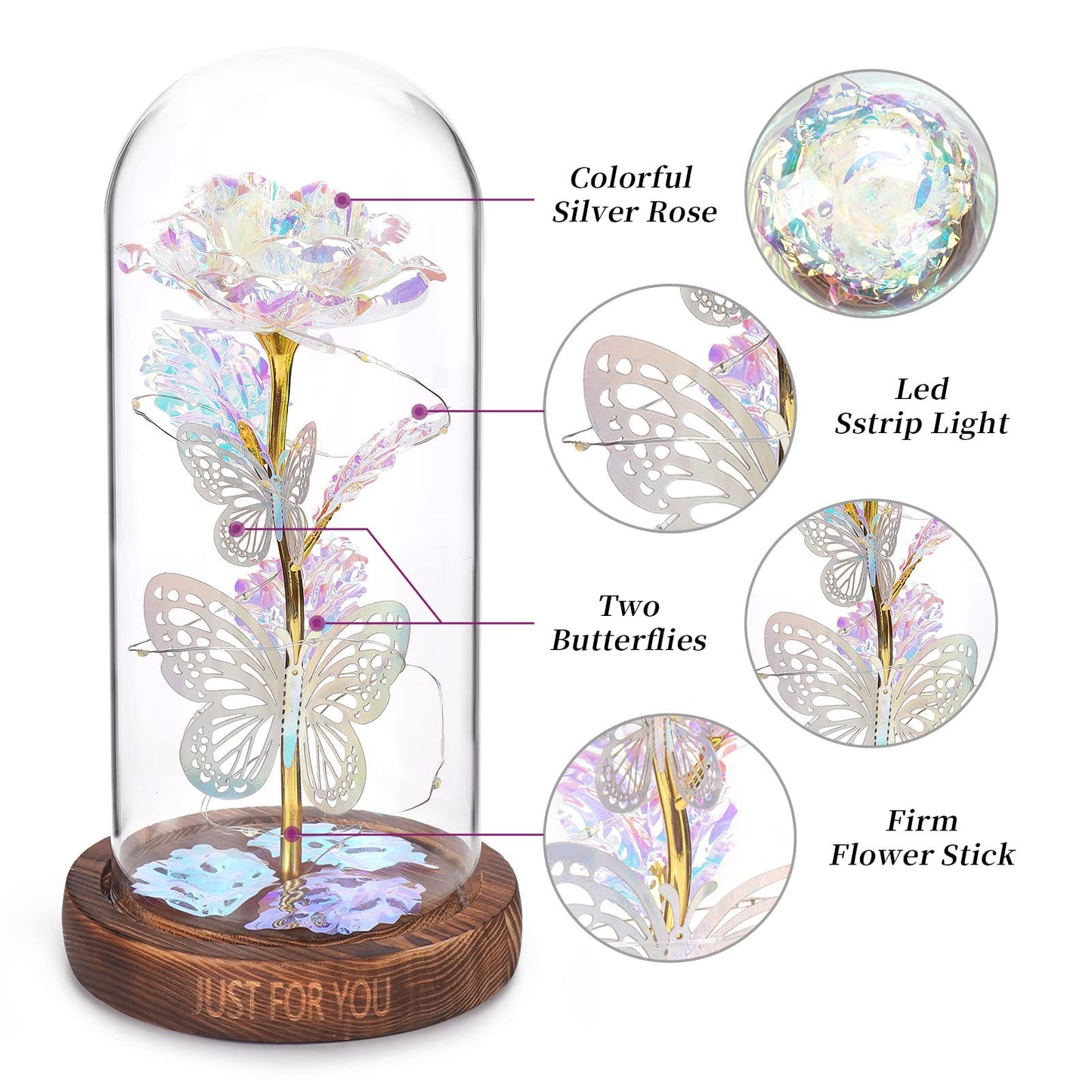 WOKEISE Light Up Rose Butterfly in Glass Dome, Mothers Day Rose Gifts for Mom, Birthday Anniversary Flowers Lighted Roses Gifts for Women,Wife,Mom, Grandma,Girlfriend,Girls,Sister-Silver