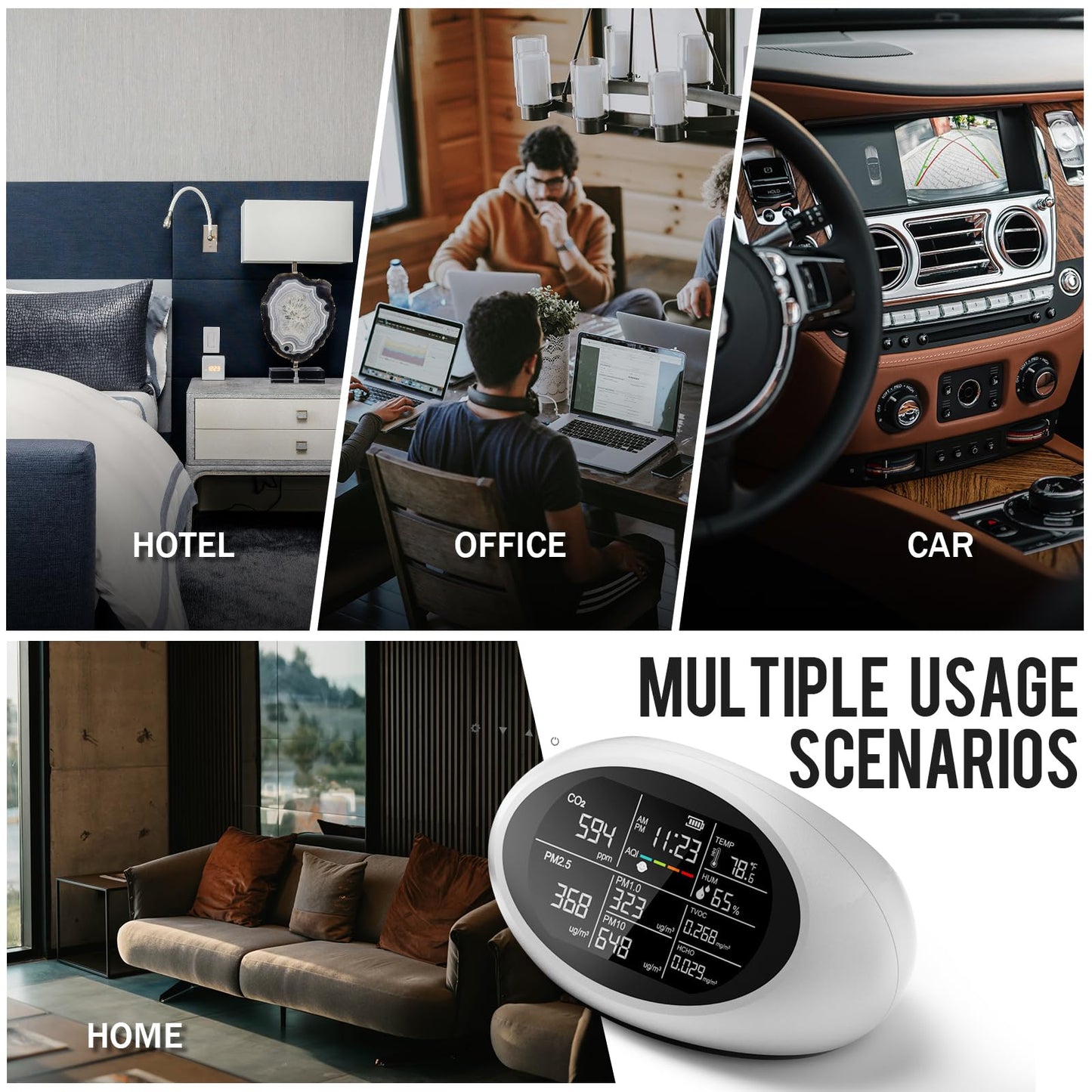 12 in 1 Air Quality Monitor Indoor, Portable Indoor Air Quality Meter for CO2, Temperature (°F), Humidity, VOC, PM2.5, PM1.0, PM10 & Time Display, CO2 Detector for Home