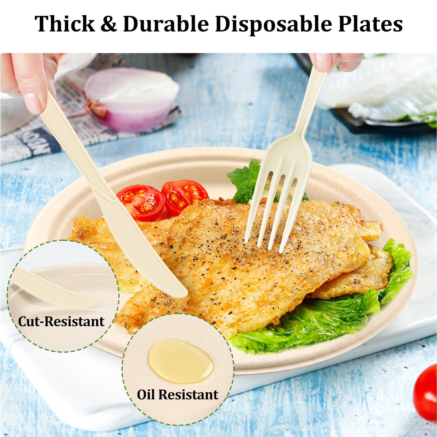 FEHHTO Compostable Paper Plates Set, 250PCS Disposable Heavy-Duty Sugarcane Plate and Eco-Friendly Utensil Biodegradable Dinnerware Plates, Extra Long Forks & Knives & Spoons for Party