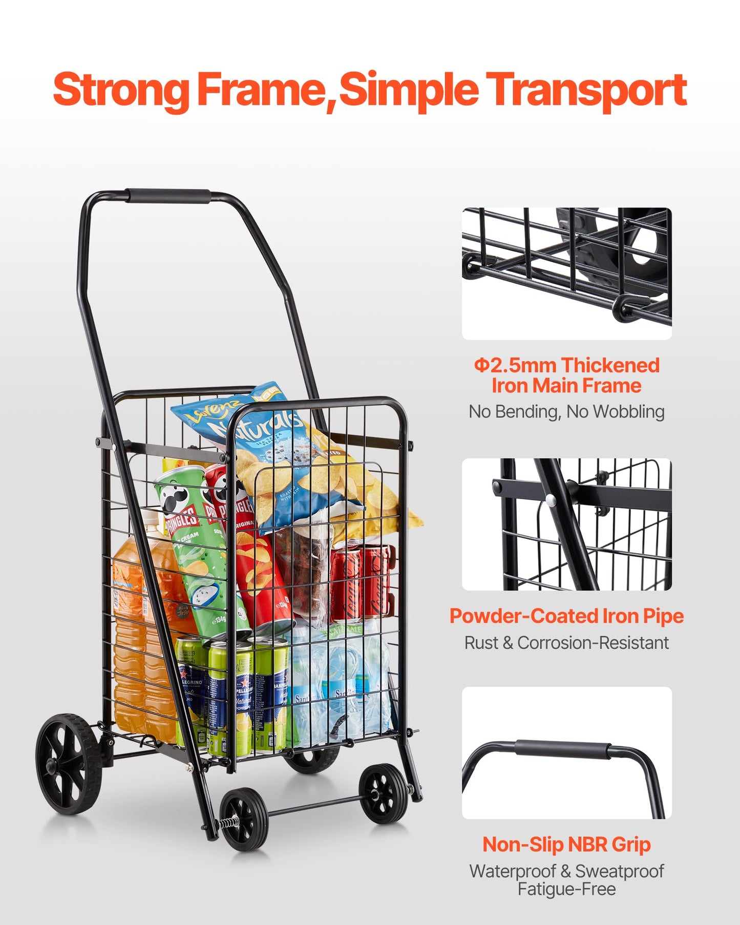 VEVOR Shopping Cart, Folding Grocery Utility Cart with Swivel Wheels, 90 LBS Large Load Capacity, Heavy Duty Rolling Laundry Basket Butler for Laundry, Shopping, Camping, Grocery, Luggage, Black