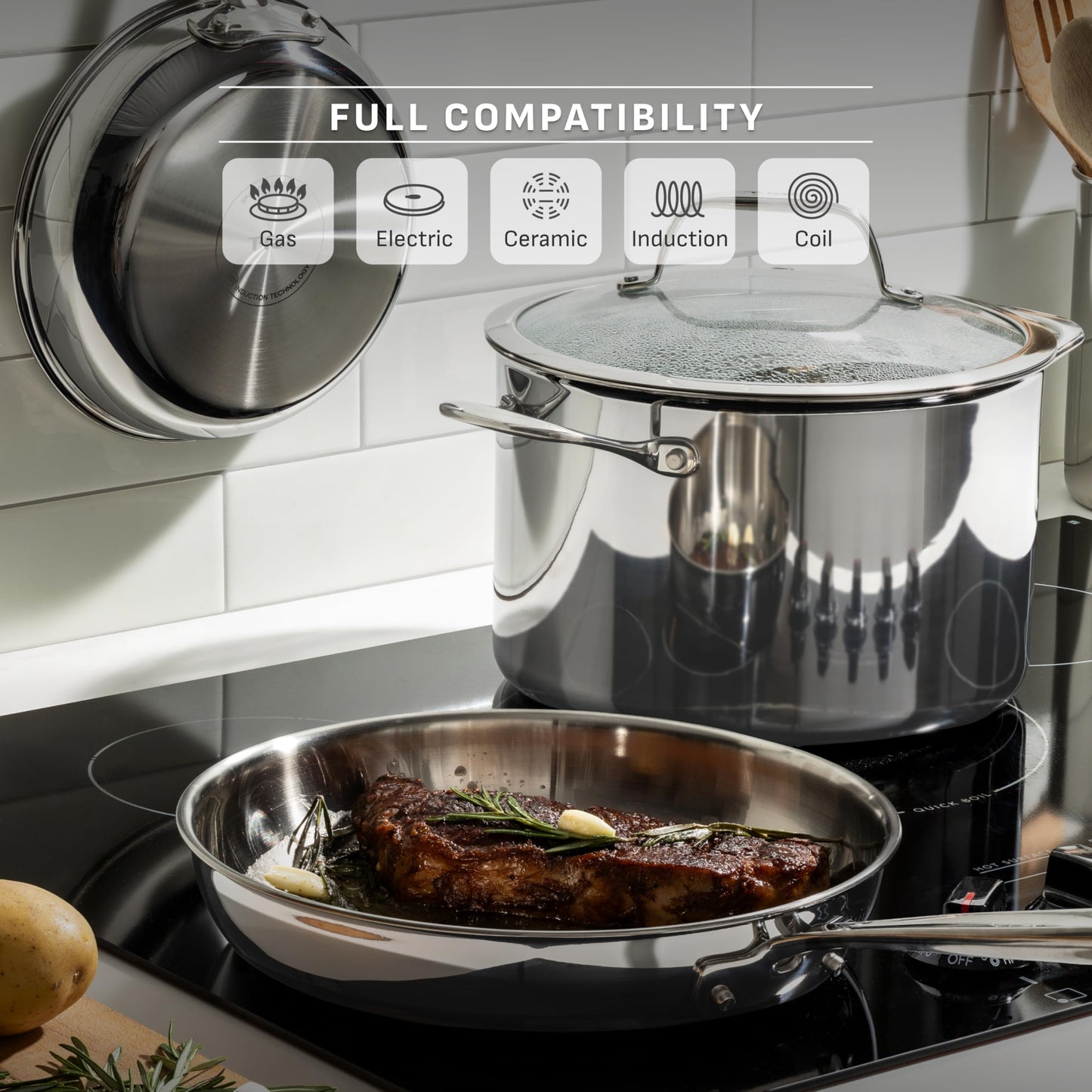 T-Fal Pro Tri-Ply Fry Pan, Stainless Steel Pan 12 inch, Induction Cookware, Oven Safe 500F, Fast & Even Heat, Professional Quality & Durability, Skillet, Cookware, Silver