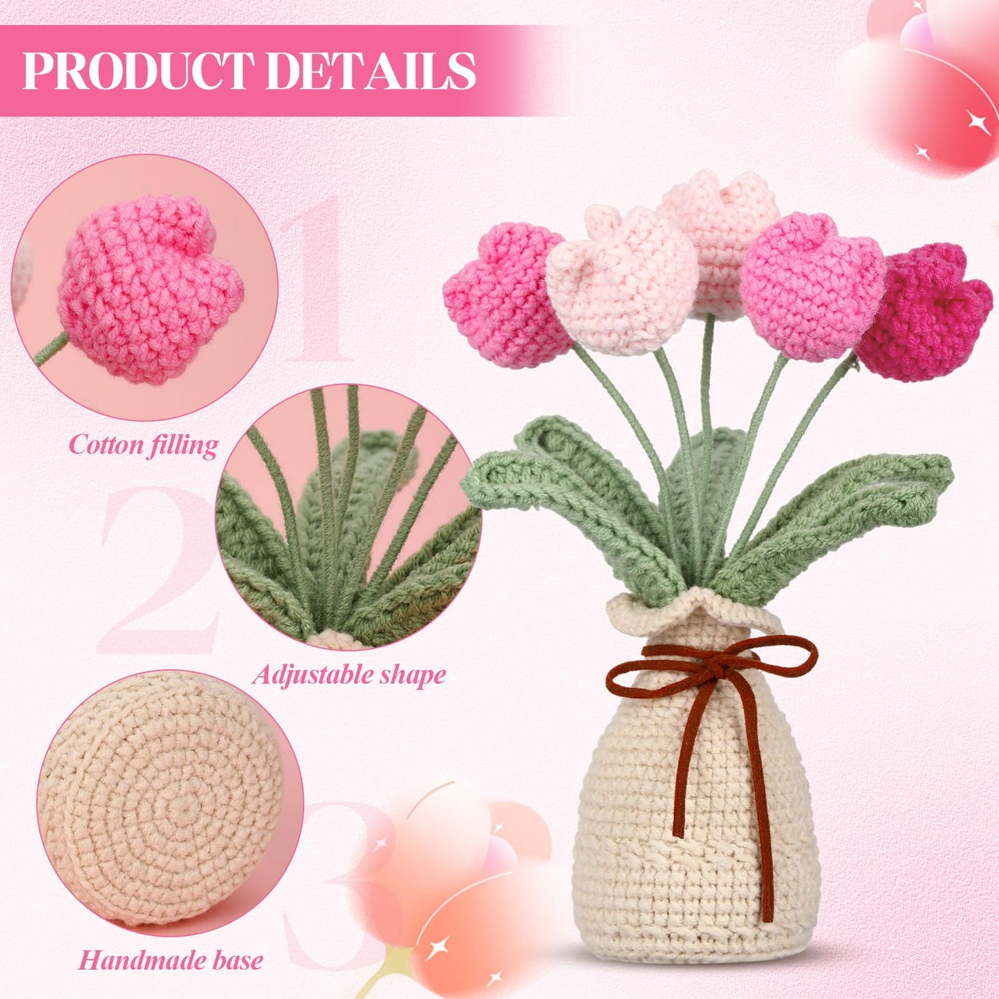 Marsui Crochet Knitting Tulip Bouquet with Vase 7" Knitted Artificial Forever Tulip Handmade Woven Flower with Exquisite Pot Gift for Father's Gifts Back to School Gift Family Home Desk Decor(Pink)