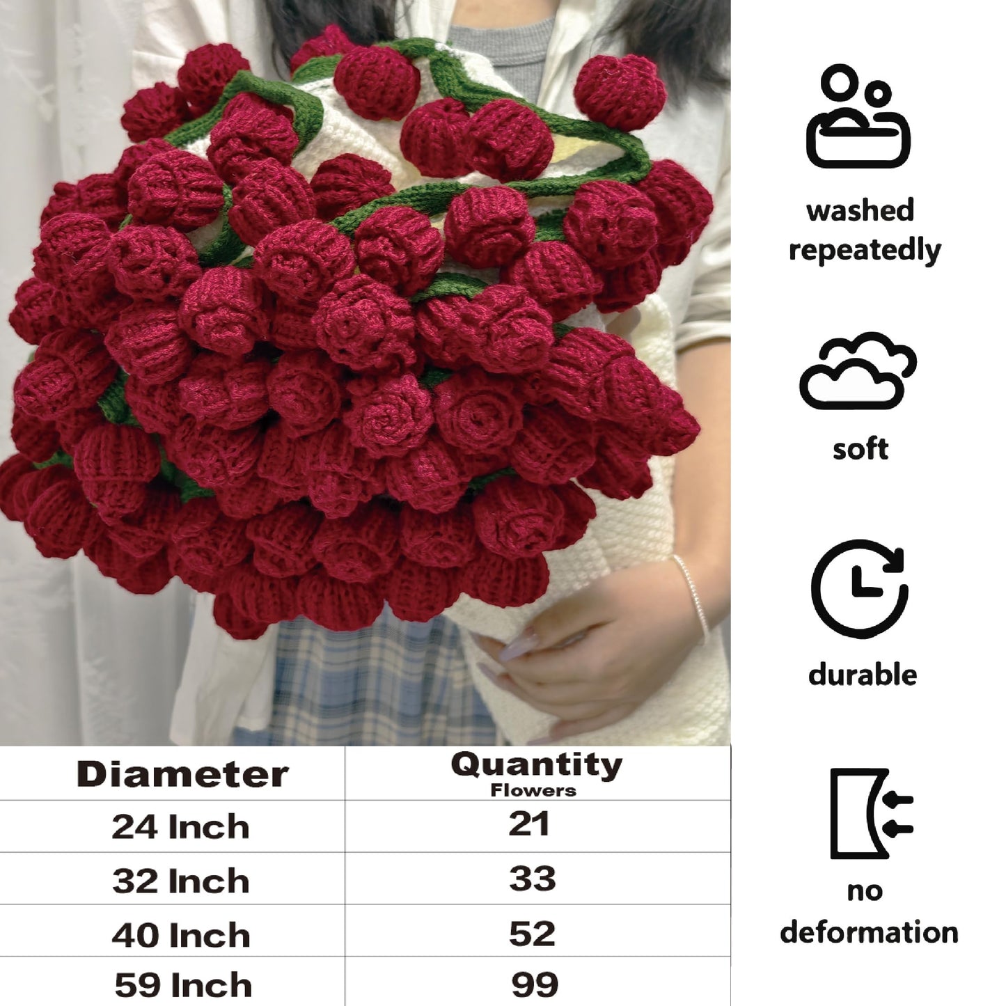 SoffMoiis Crochet Flowers Bouquet Blanket, Handmade Rose Blanket, 59 Inch Round Floral Soft and Romantic Gifts for Birthday, Mother's Day, Valentine's Day, Home Decor, Bed, Sofa