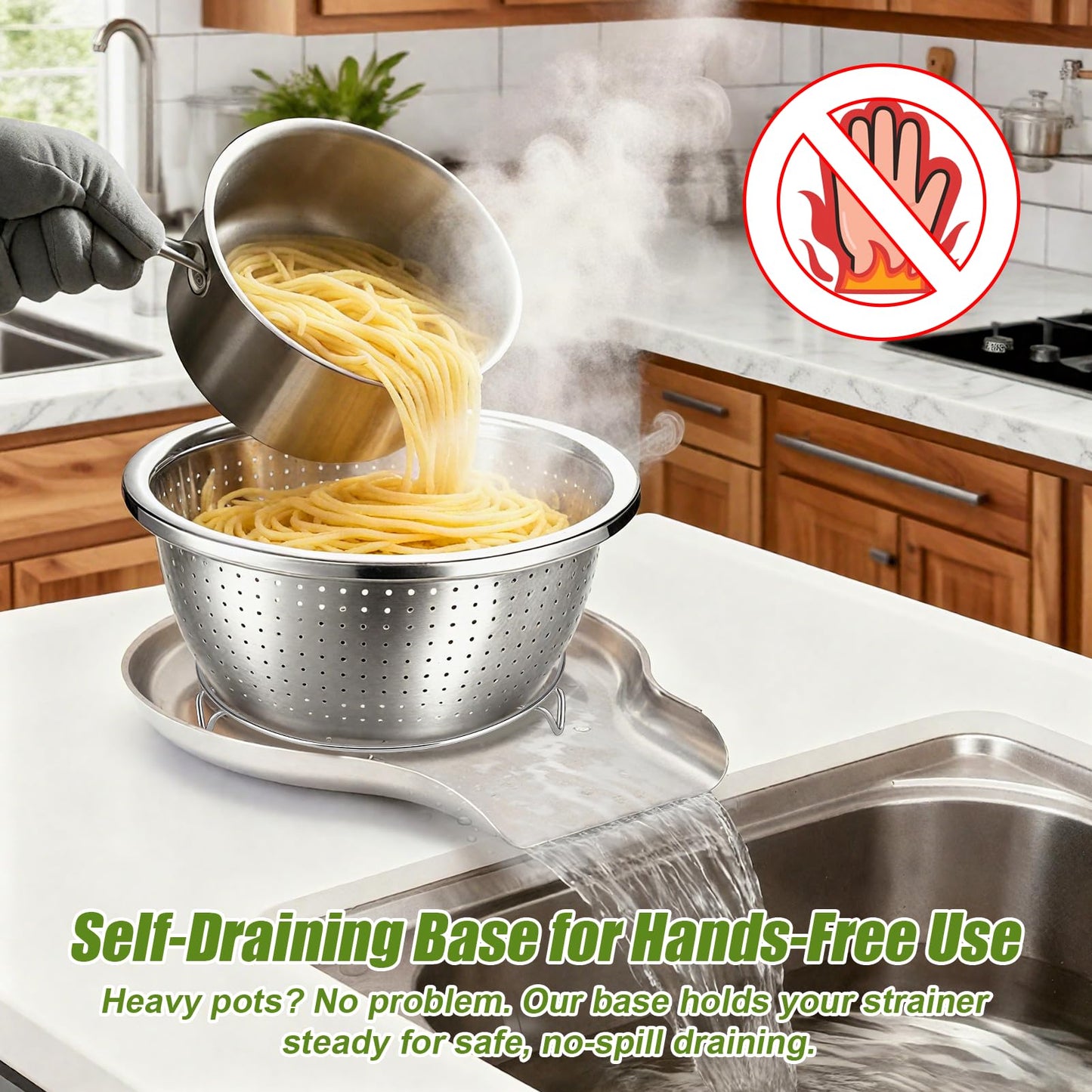 Palksky Stainless Steel Colander Set with Self-Draining Base, 3 Sizes Colanders & Food Strainers for Pasta, Rice, Fruits & Veggies, Metal Colander with Draining Plate for Sink or Countertop