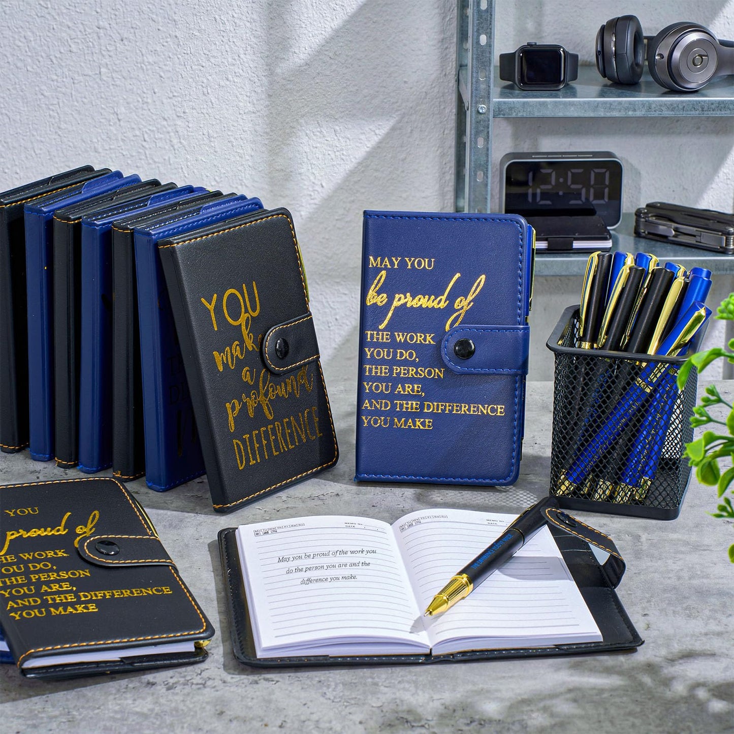 Dispowreath 20 Sets Thank You Leather Journal Notebook with Inspirational Ballpoint Pens Fathers Day Teacher Nurse Employee Gift for Police Officer Men Coworker Team (Black and Blue,Appreciation Sign)