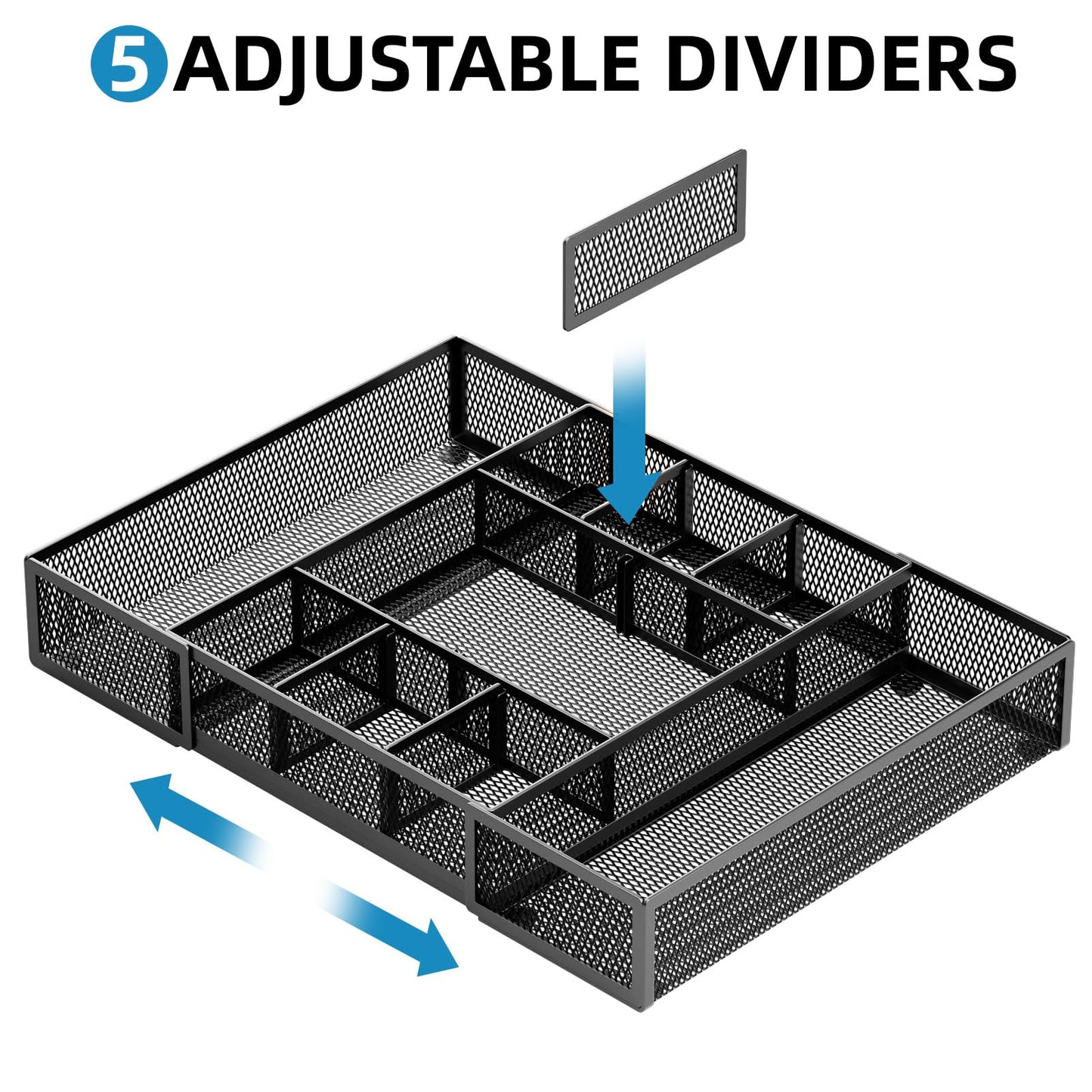 Marbrasse Expandable Desk Drawer Organizer, Mesh Drawer Organizer Tray with 10 Adjustable Compartments, Desk Organizers and Accessories for Office Supplies, Makeup & Vanity (Expandable Black-2 pack)