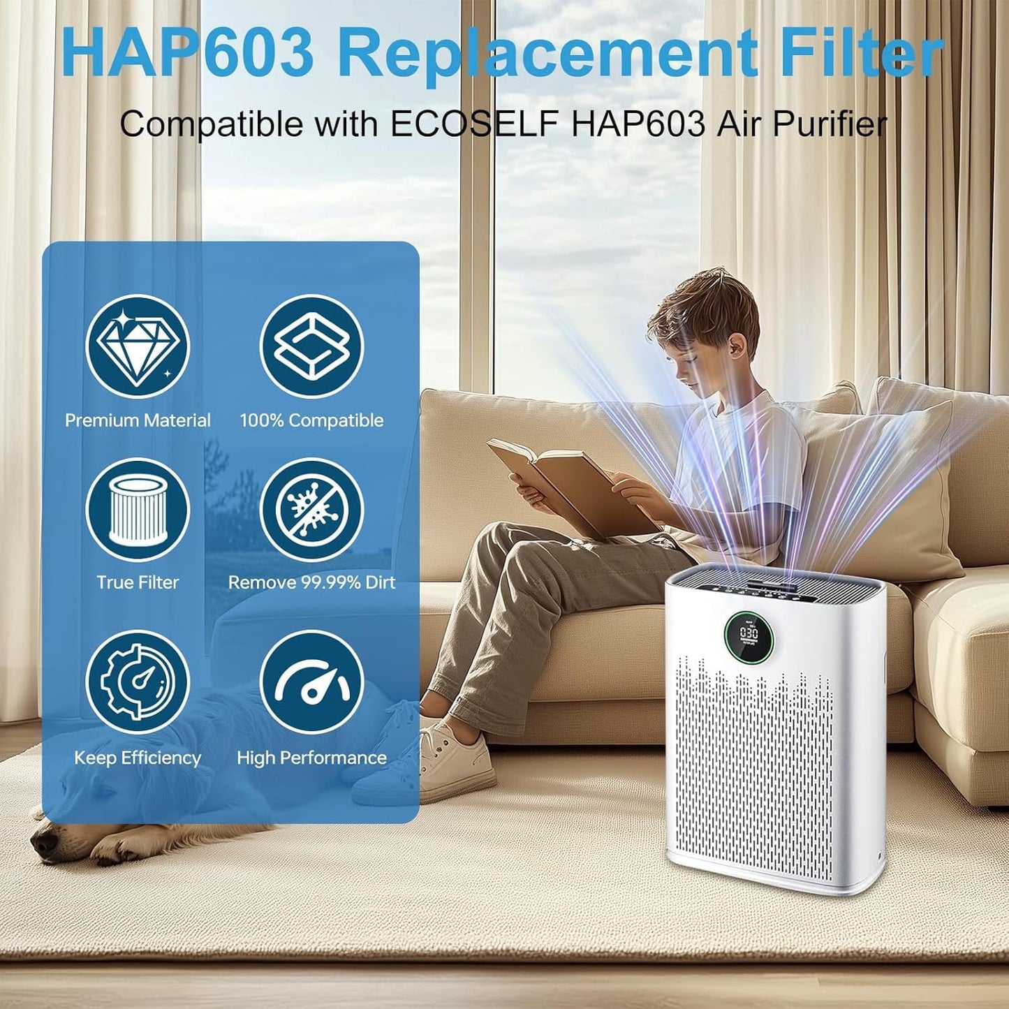 HAP603 Replacement Filter Compatible with ECOSELF HAP603WF & HAP603 Air Purifi-er, 3-in-1 True Air Purifi-er replacement filter, HAP603 & HAP603WF, White (4)