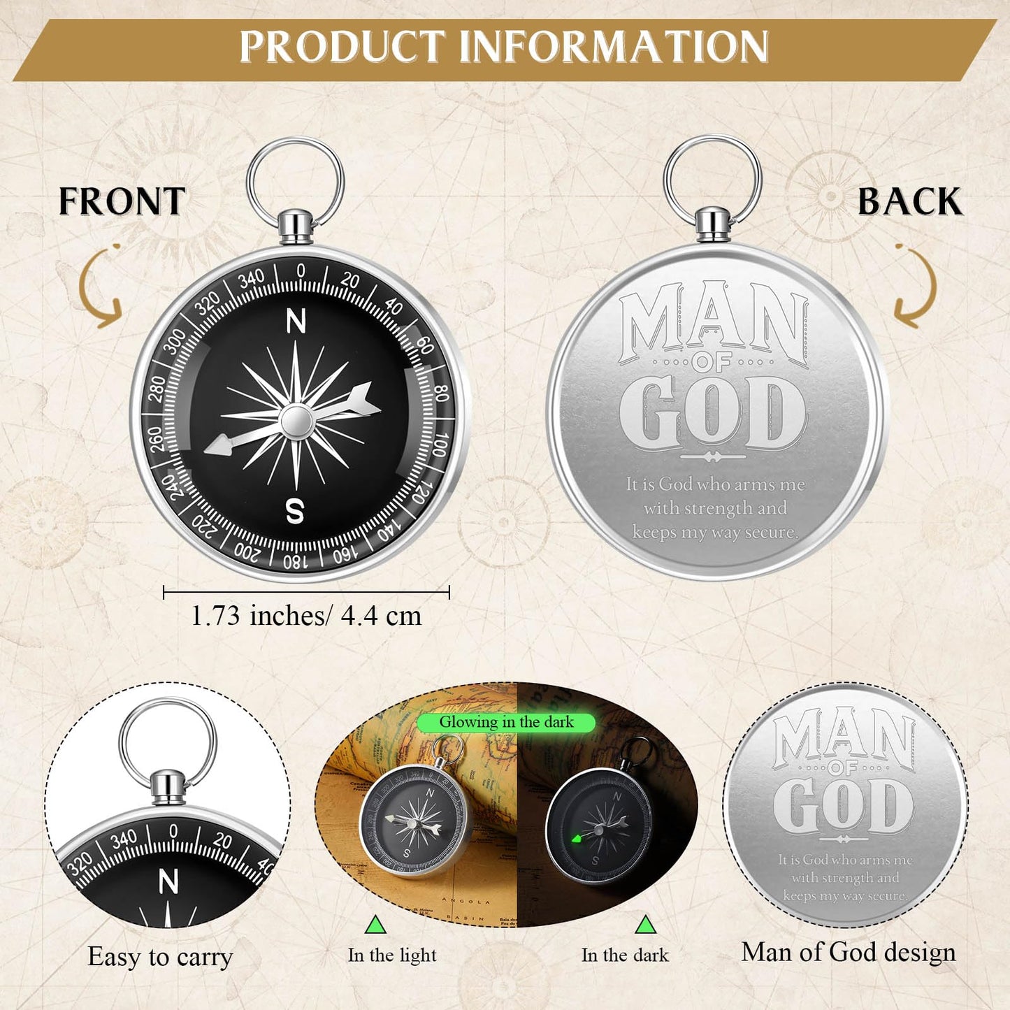 Chiisong 25 Set Man of God Gifts Include 25 Christian Mini Compass, 25 Religious Notebooks, 25 Bamboo Ballpoint Pens for Father's Day Pastors Church Travel Party Favors(25 Sets,Black, Silver)
