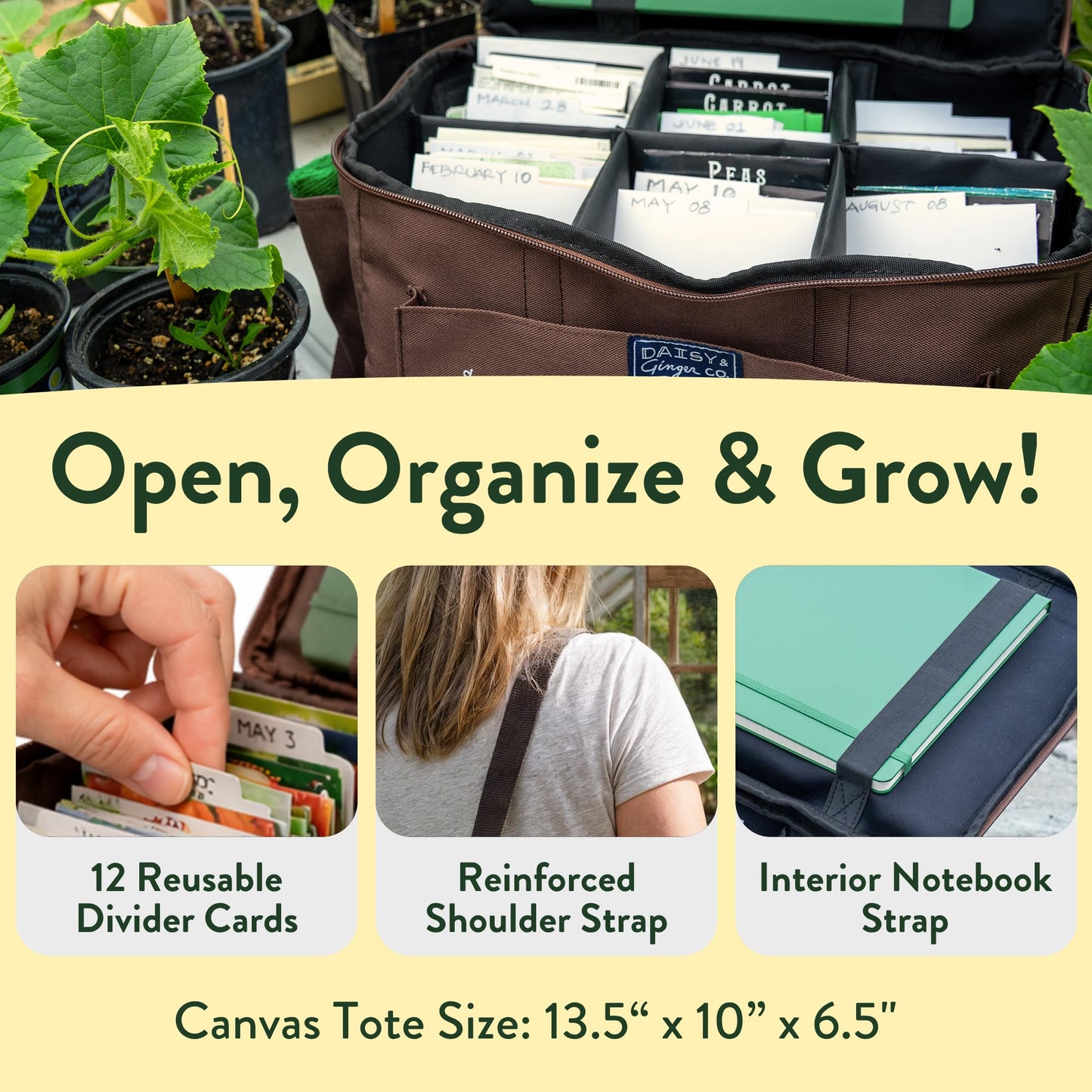 SEED STORAGE ORGANIZER TOTE BAG - Flexible Canvas Seed Organizer Holds 180 Seed Packets with Shoulder Strap, Side Pockets and 12 reusable Tabs for Gardeners | Water Resistant Bottom, Notebook Straps