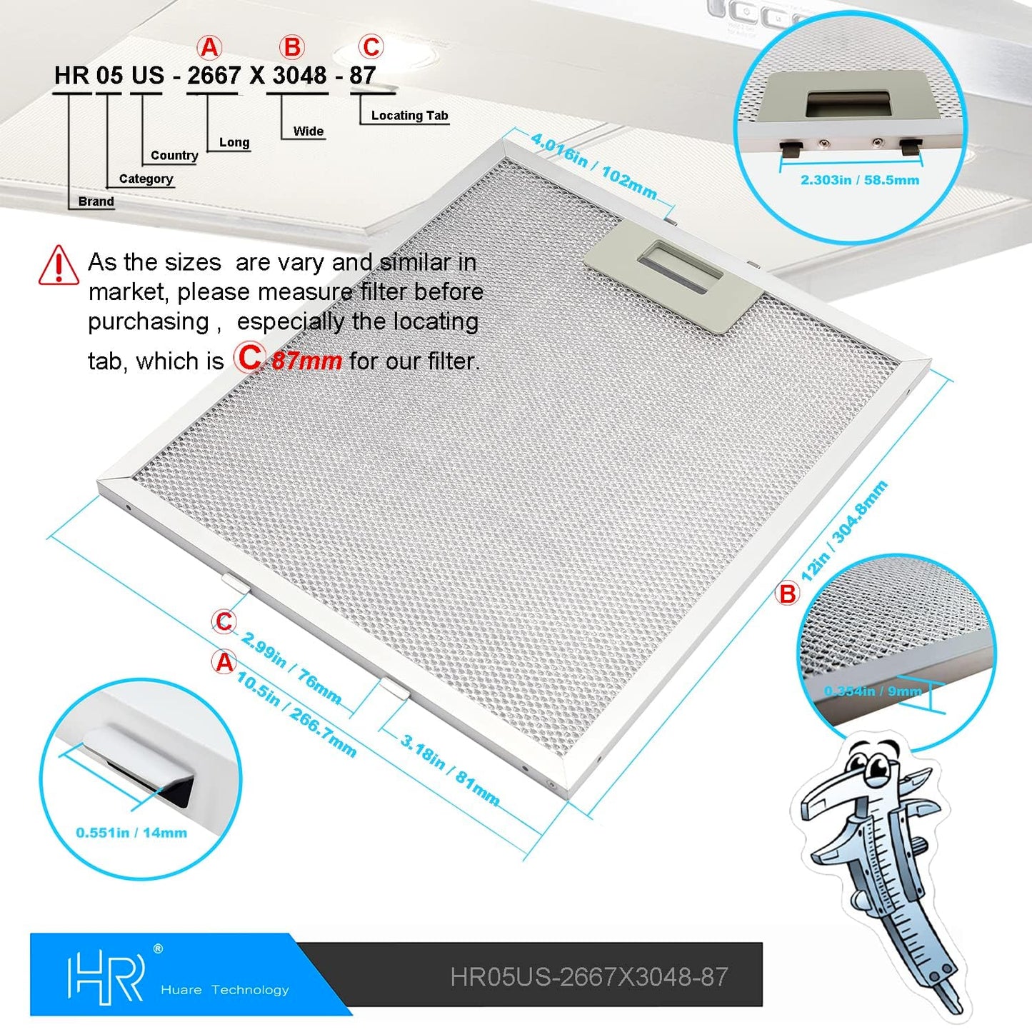 Upgraded W10169961A Range Hood Filter Replacement, Fits Whirlpool, Ikea, Kitchen Aid, Jenn Air, Aluminum Mesh Hood Grease Filter 10.5x12Inch, HR Huare Technology Aluminum Range Hood Vent Filters,3PCS