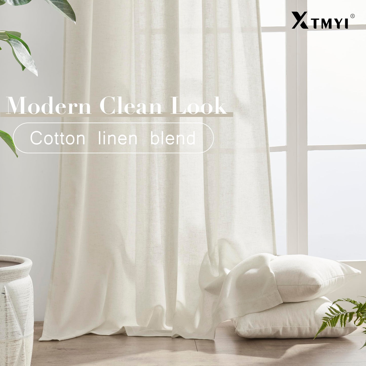 XTMYI 108 Inch Linen Curtains, Extra Long Ceiling Curtain for Track System with Hooks, Sheer Light Filitering 9FT 9 FT Curtains for Living Room Bedroom, Set of 2 Panel, Cream