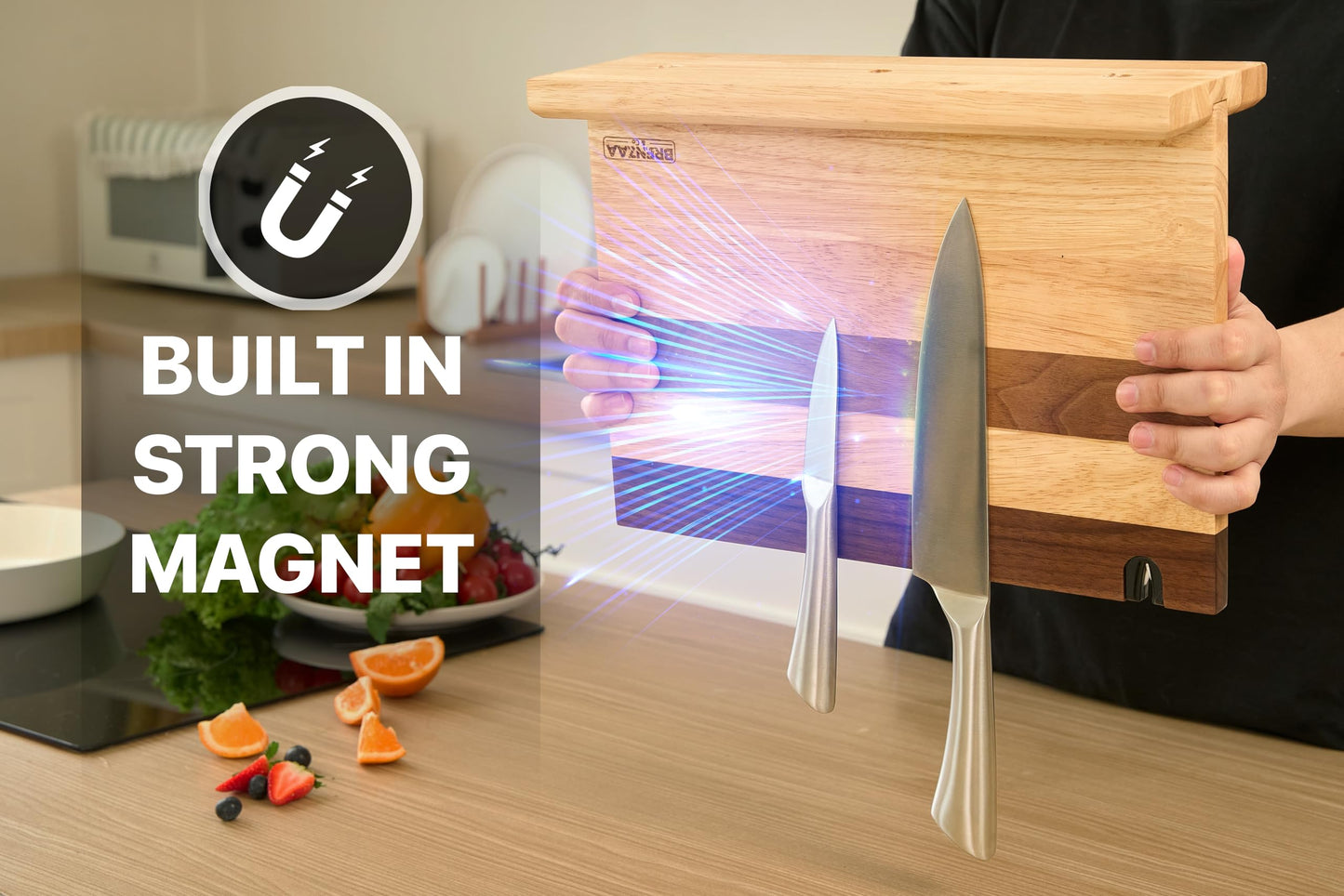 BRENZAA Magnetic Knife Block with Built-in Sharpener, 14 inch Double Sided Wood Knife Holder for Countertop, Universal Knife Stand without Knives (Rubberwood and Walnut Decor)