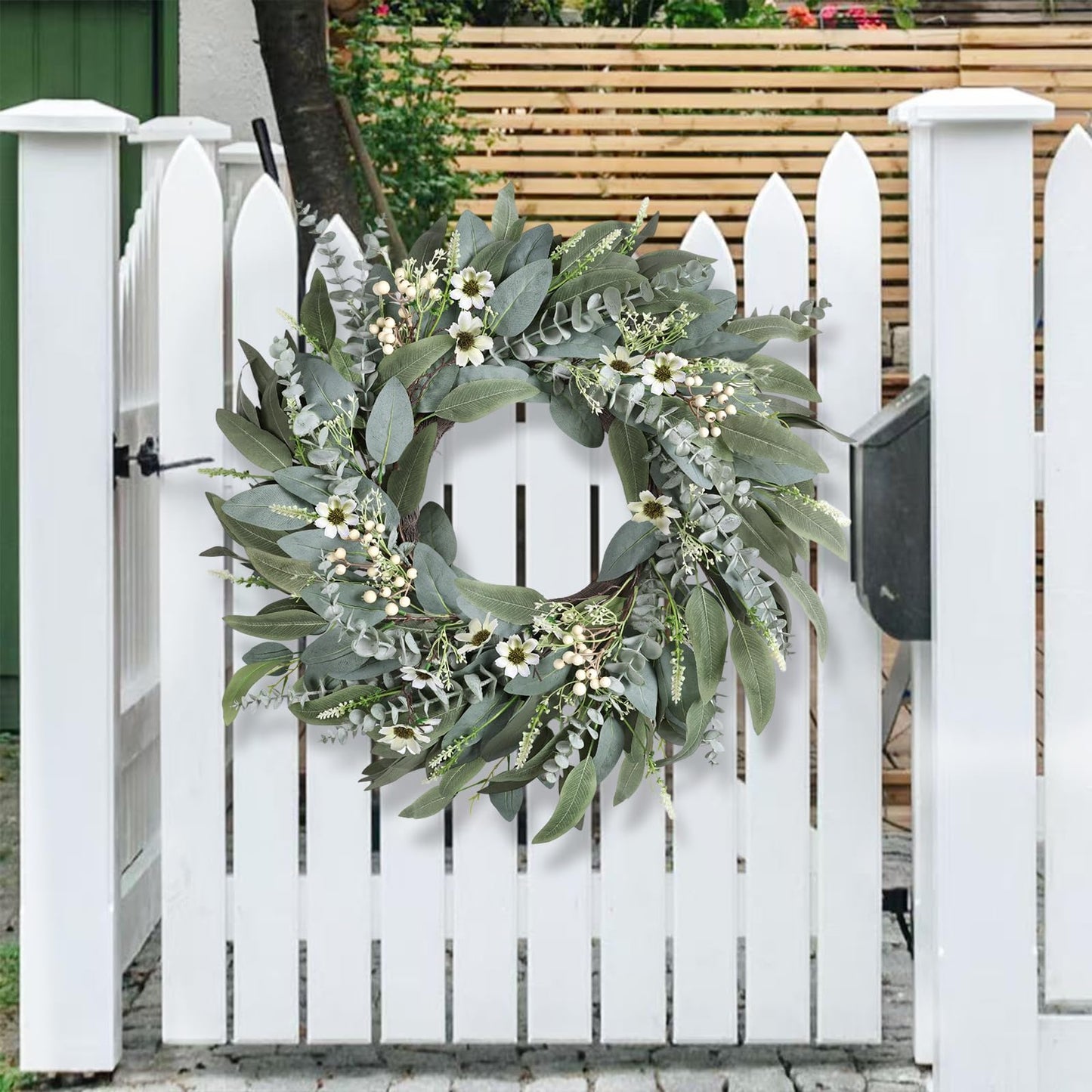 26 Inches Large Eucalyptus Spring Wreaths for Front Door,Artificial Greenery Summer Wreath with Berries White Flower Daisy,Easter Valentines Farmhouse Porch Wall Home Indoor Outdoor Décor