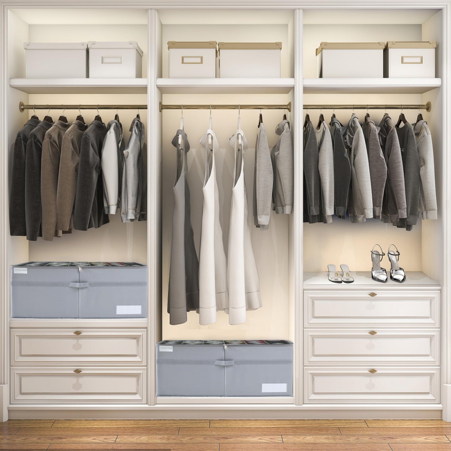 LUVHOMEE Shoe Organizer for Closet, Fits 24 Pairs, Large Shoe Box Storage Containers, Clear Foldable Shoe Storage Bins w/Bottom Support, Space Saving Closet Shoes Holder w/Reinforced Handles, Gray