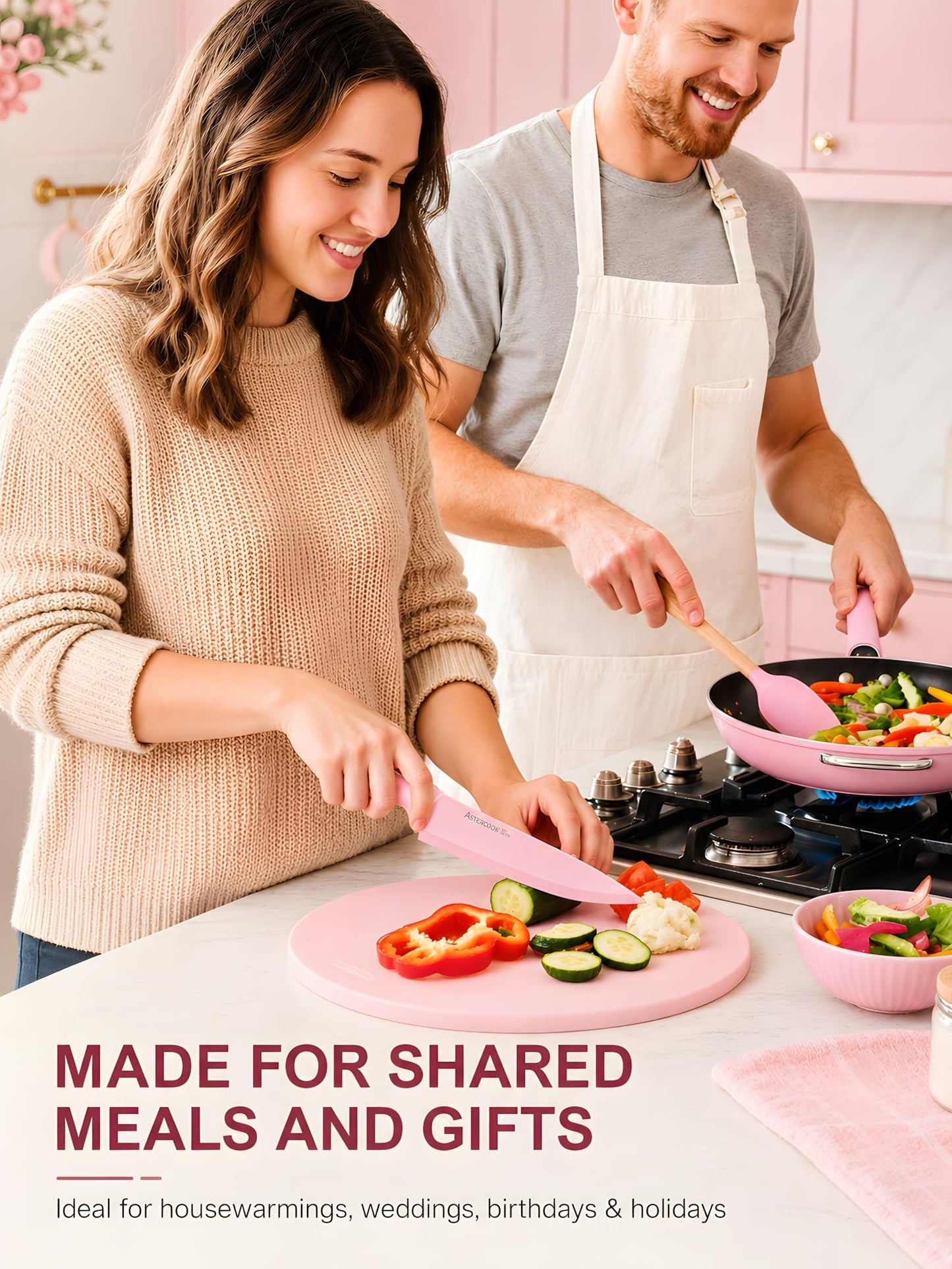 Astercook Knife Set with Block and Sharpener, 22 Piece Kitchen Knife Set Dishwasher Safe, Space-Saving Clear Knife Block with Knives for Everyday Home Cooking Pink