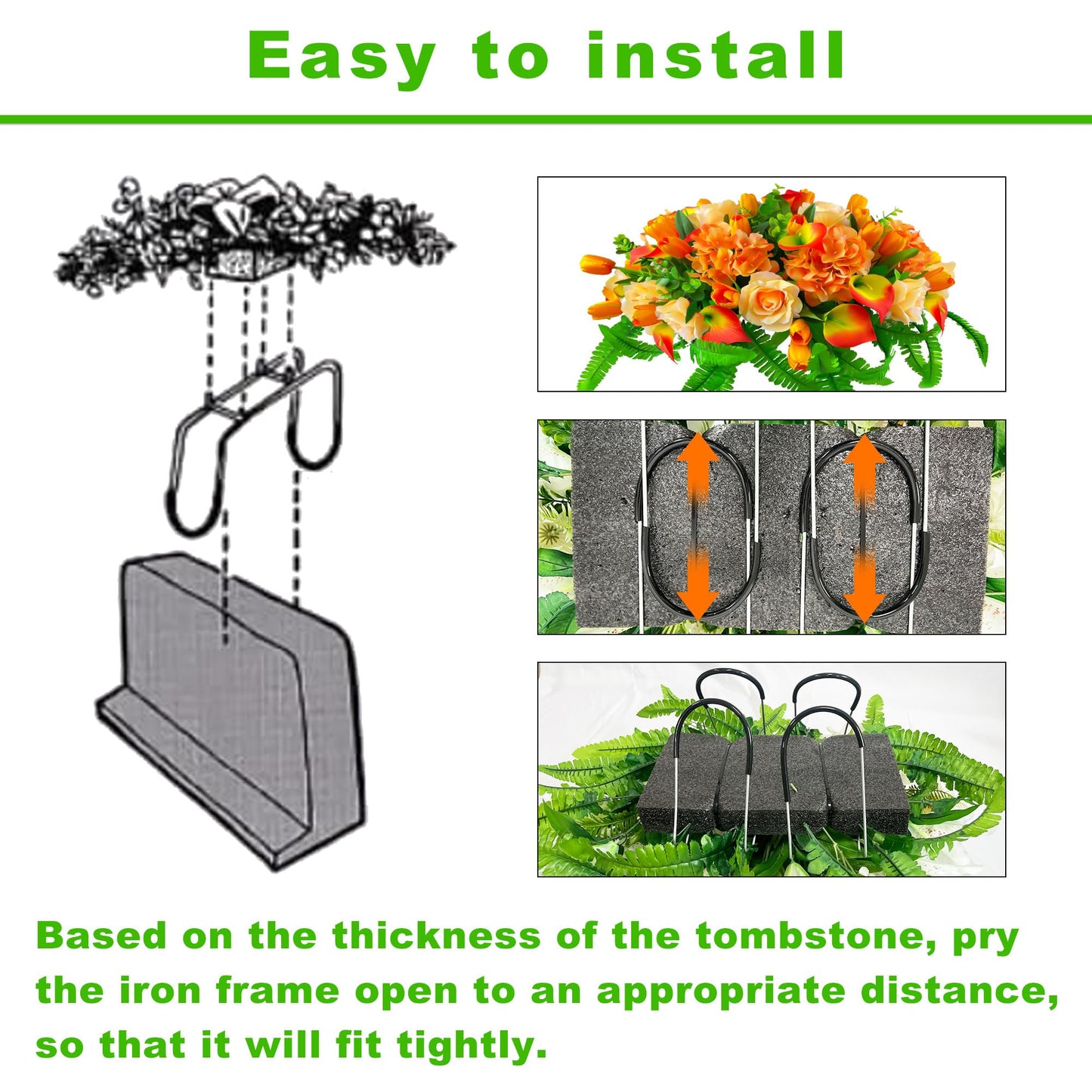FLOWERIA Artificial Cemetery Flowers - Outdoor Grave Saddle for Headstone Decorations with Orange Roses Tulips