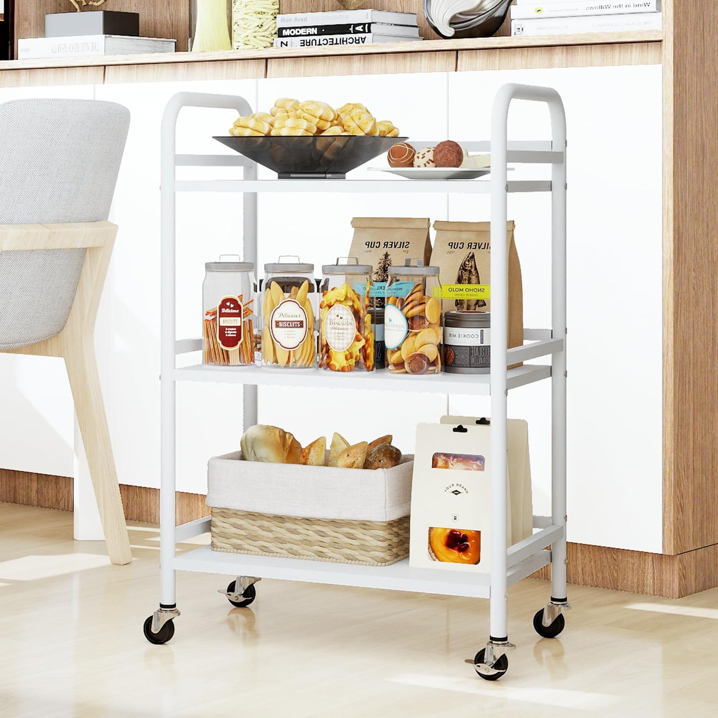 DCLRN 3 Tier Rolling Cart,Storage Organizer Cart,Multifunctional Storage Shelves,Rolling Metal Organization Cart with Handle and Lockable Wheels,for Home,Office,Kitchen,Bathroom(White)