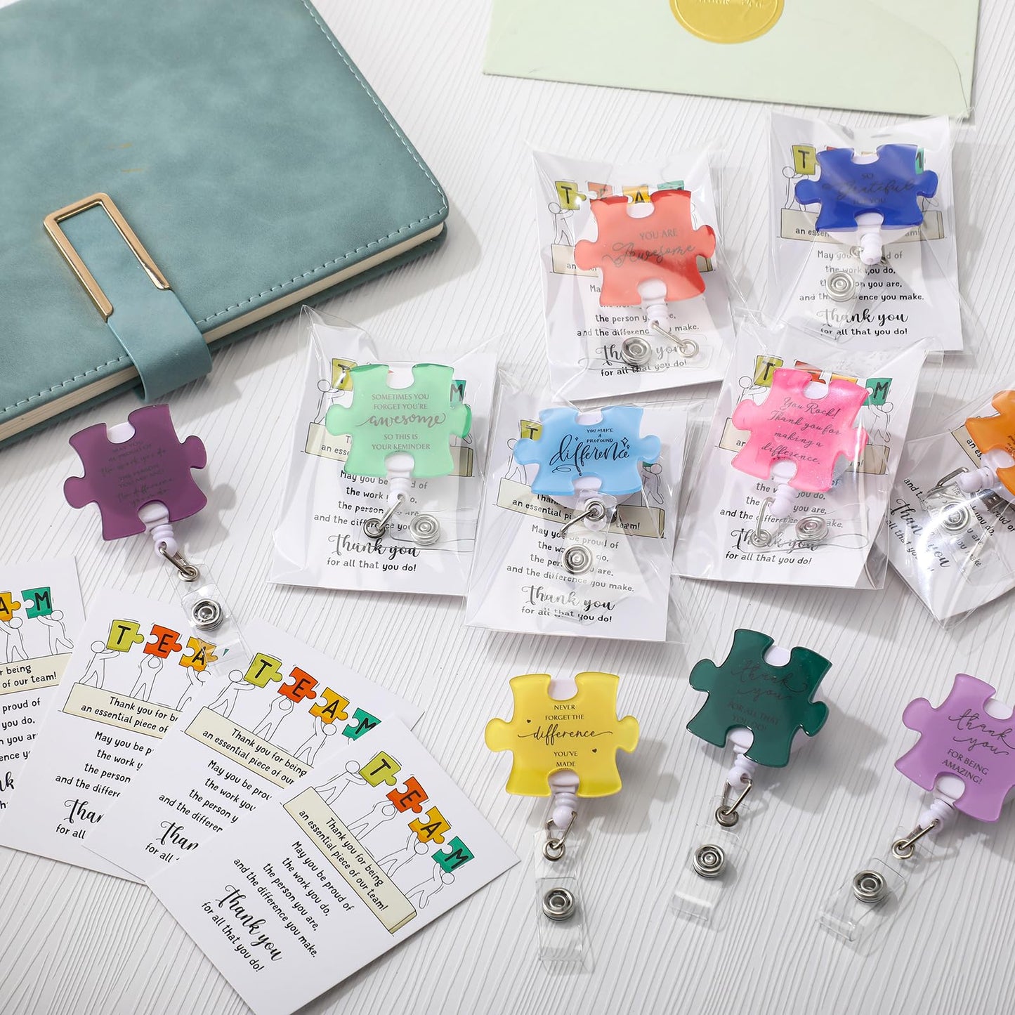 ReliThick 40 Set Employee Appreciation Gifts Bulk, Puzzle Badge Reel with Thank You Cards, Retractable ID Badge Holder for Nurse Teacher Staff Team Coworker Hospital School CNA Week (10 Styles)