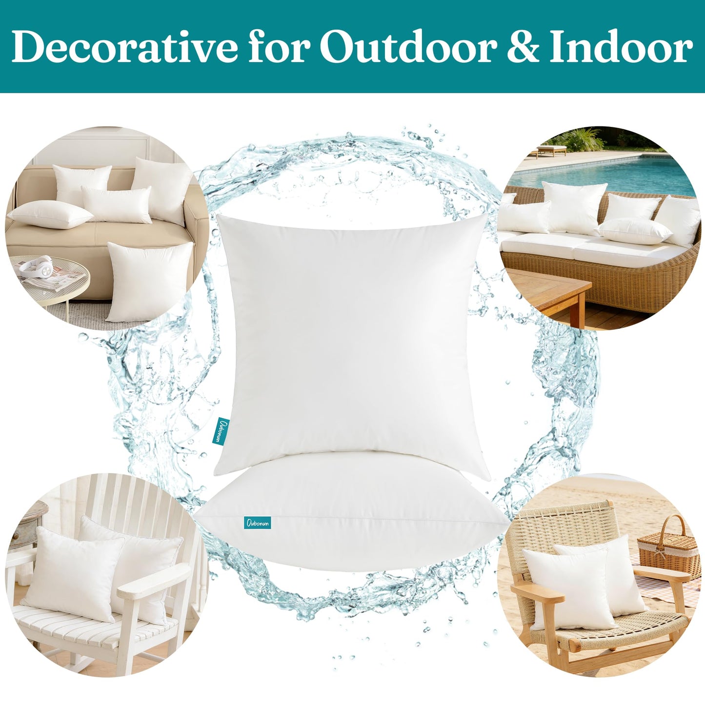 Oubonun 20x20 Outdoor Pillow Inserts (Pack of 4) - Square Waterproof Throw Pillow - Decorative Throw Pillows Insert for Couch Sofa Bed Patio Furniture - White Pillows