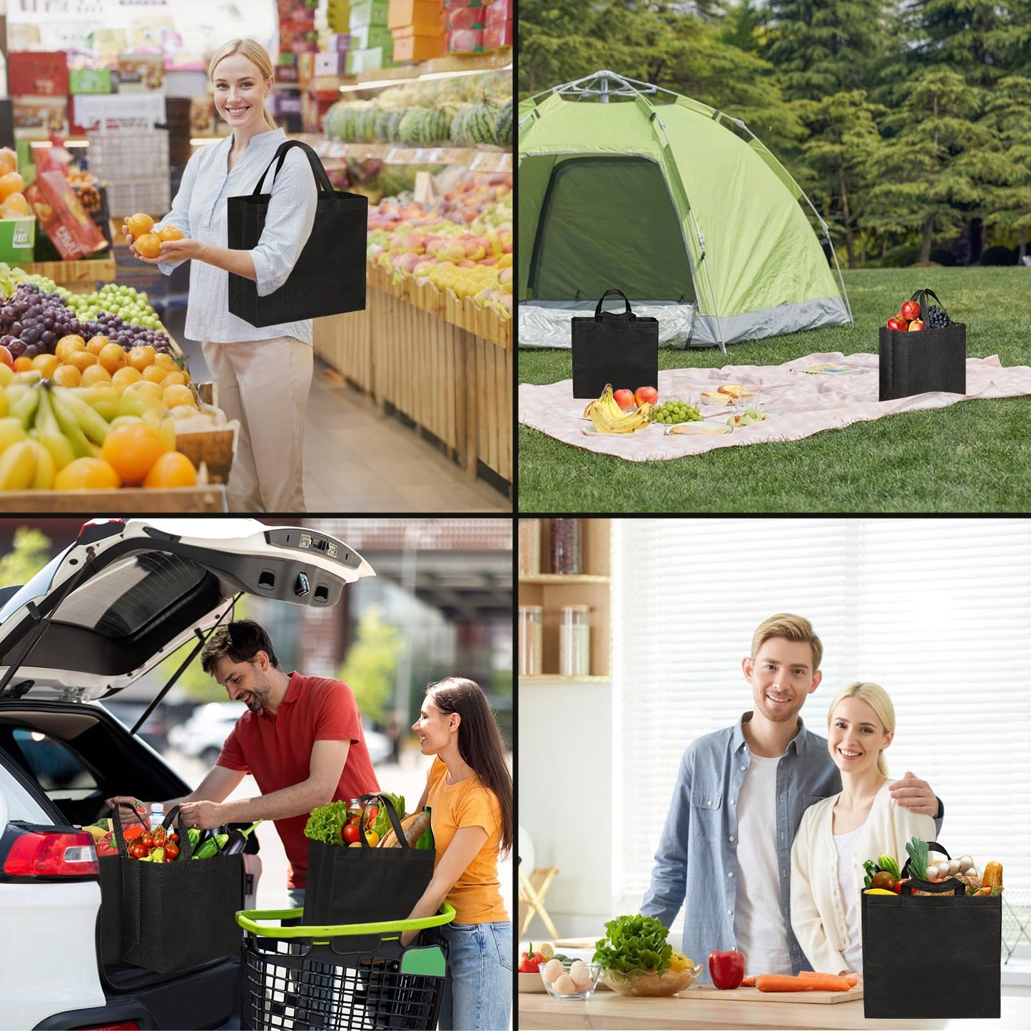 JERIA 50 Pack Black Reusable Totes Bag with Reinforced Handles Non Woven Bulk Shopping Bags