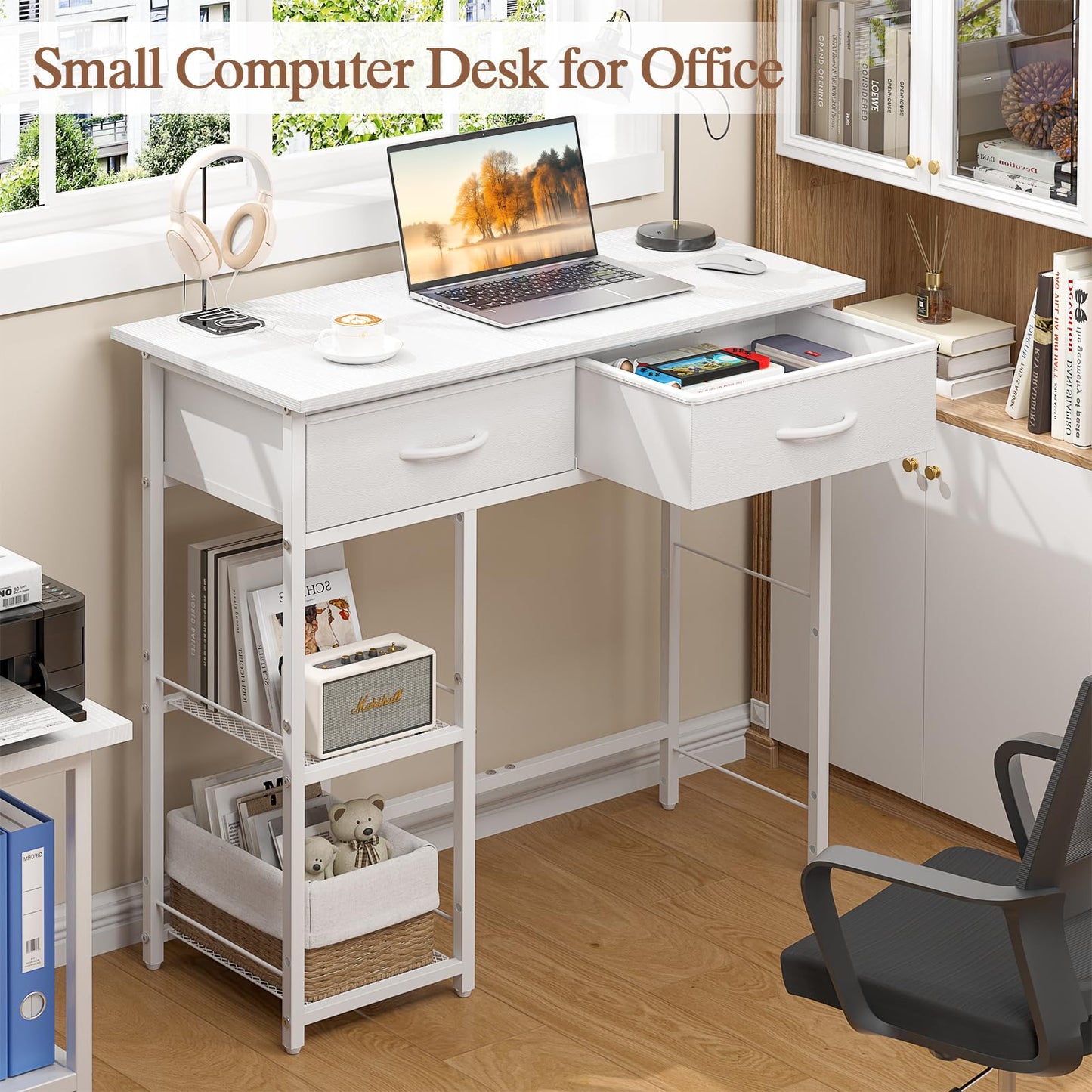 ThreeHio Small Writing Desk with 2 Drawers, White Computer Desk with Storage Shelf, Home Kids Study Table for Small Spaces, Simple Desk for Bedroom, Home Office, Living Room, Dorm, Vanity Desk, White