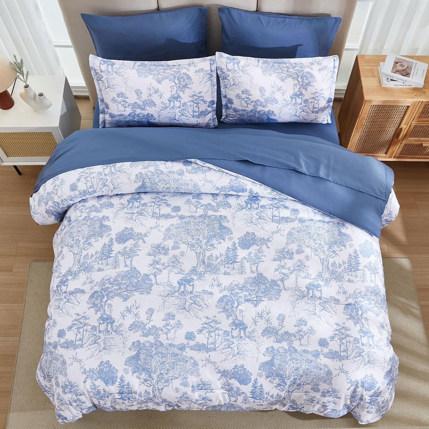 DJY Blue Comforter Set King, 7 Pieces Bed in a Bag King Size Botanical Comforters with Sheets Elegant Plants Print Soft Microfiber Reversible Complete Bedding Sets for All Season