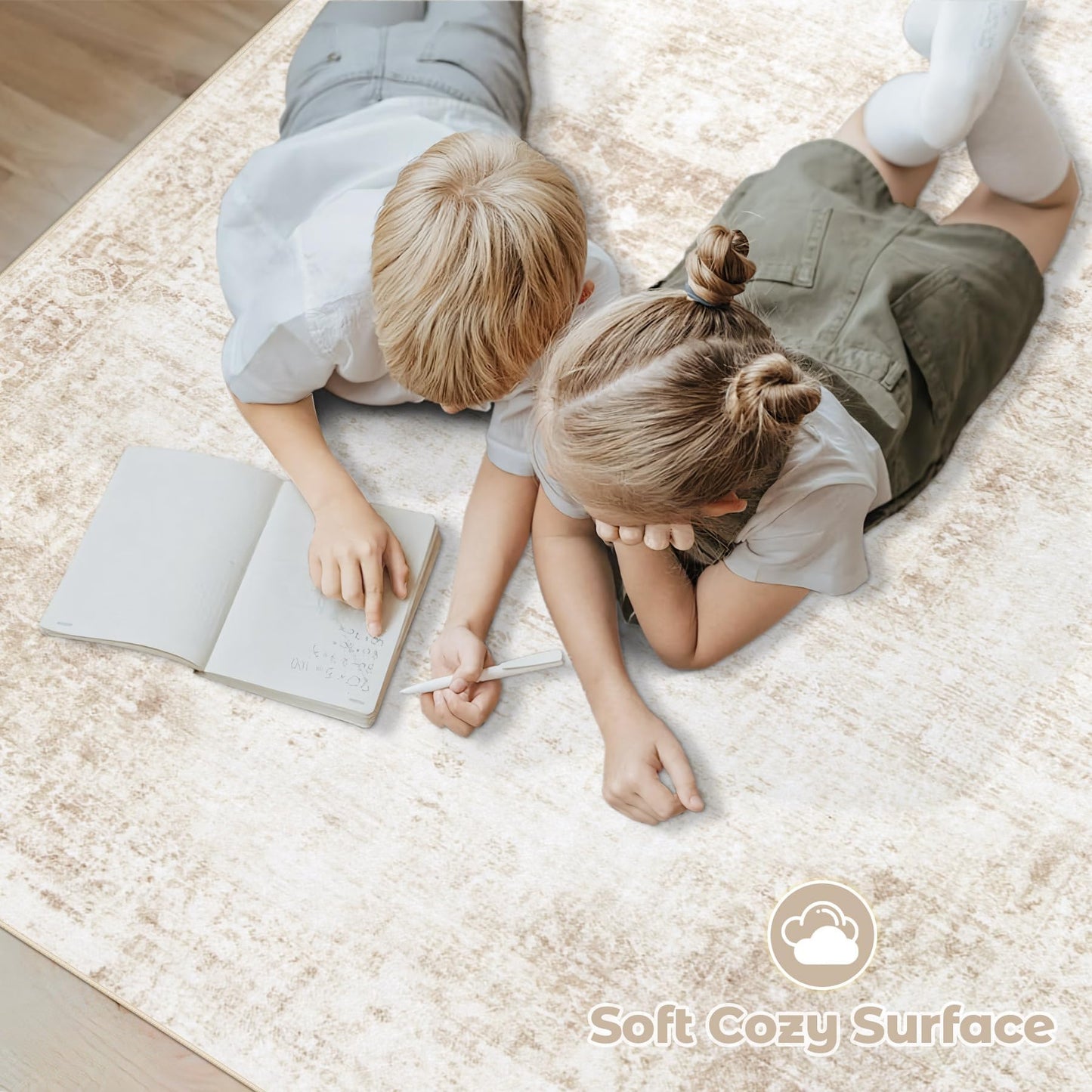 VECARF Area Rug 5x7 Washable Rug, Vintage Boho Medallion Rugs Non-Slip Soft Low Pile Large Distressed Rug Indoor Retro Carpet for Living Room Bedroom Dining Room Home Office (Beige, 5'x7')