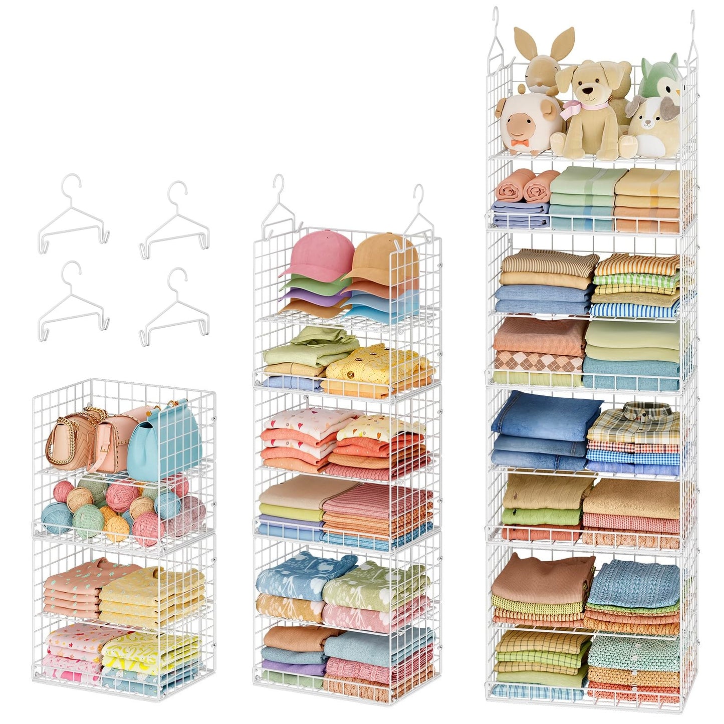 8 Tier Extended Width Hanging Closet Organizer, Sweater Storage for Closet Organizer System, Stackable Wire Basket Bins for Clothes Purse Shoes, Hanging Shelves with 4 Hooks & 4 Dividers Adjustable
