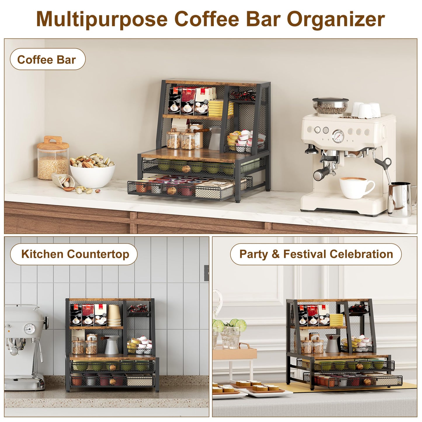 TQVAI Coffee Bar Organizer, Maximize Small Countertop Space, 70 Standard Capsules Capacity with Sliding Pods Drawer, 4-Tier Coffee Station Organizer for Home Kitchen Office Commercial