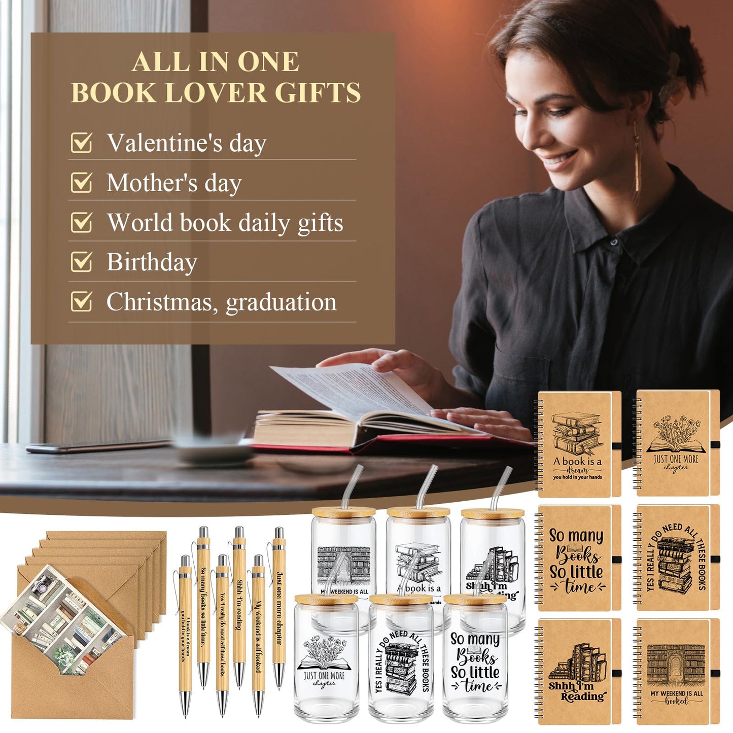 AmazingSpark 6 Sets Book Lovers Gift Bulk Book Club 16 oz Glass Cup Spiral Journal Notebook Bamboo Pen Card Envelope for Bookish Reader Teacher Student Librarian Graduation Appreciation Gift (Classic)