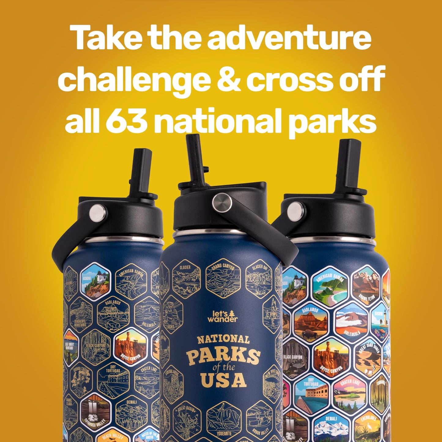 LET'S WANDER National Parks Water Bottle 2.0 Ultimate Bundle | Includes Straw Lid, Chug Lid & 2 Sets of 63 Waterproof Stickers | 32oz Leakproof Insulated Stainless Steel Gift Pack (Blue)